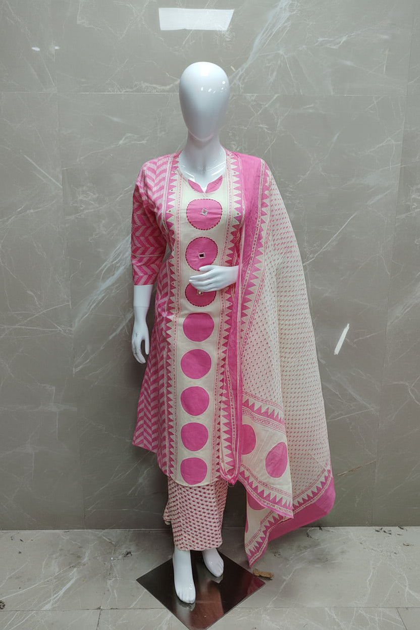 Pink Cotton Hand Embroidery Straight Fit Kurtha