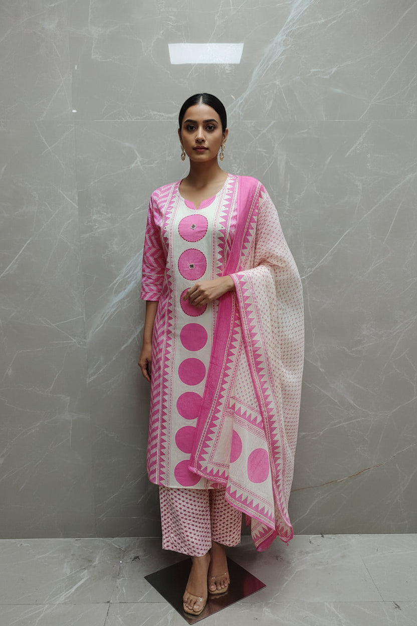 Pink Cotton Hand Embroidery Straight Fit Kurtha