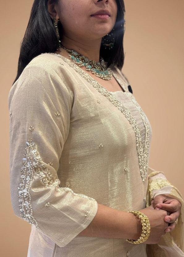Gold Shimmer Tissue Hand Embroidery Kurtha 151