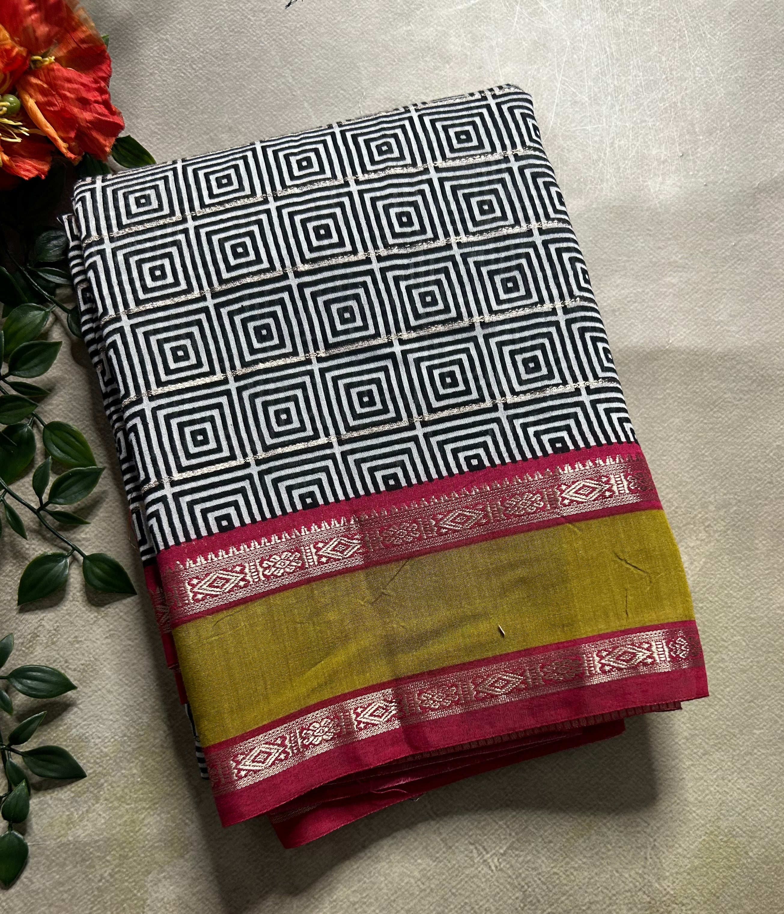 Black n white bentex border pure cotton 103 saree