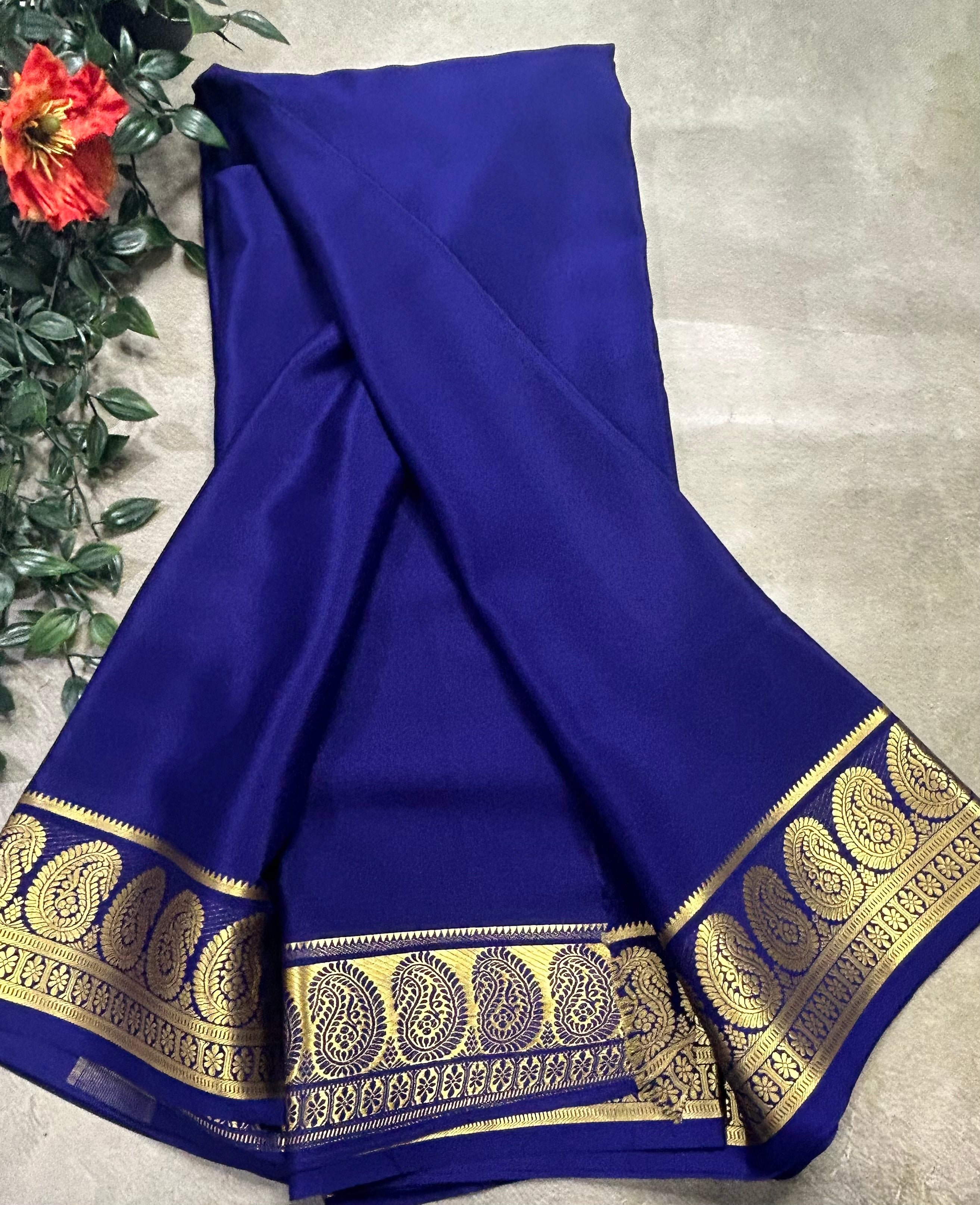 Navy blue plain mango border pure Mysore silk 105 saree