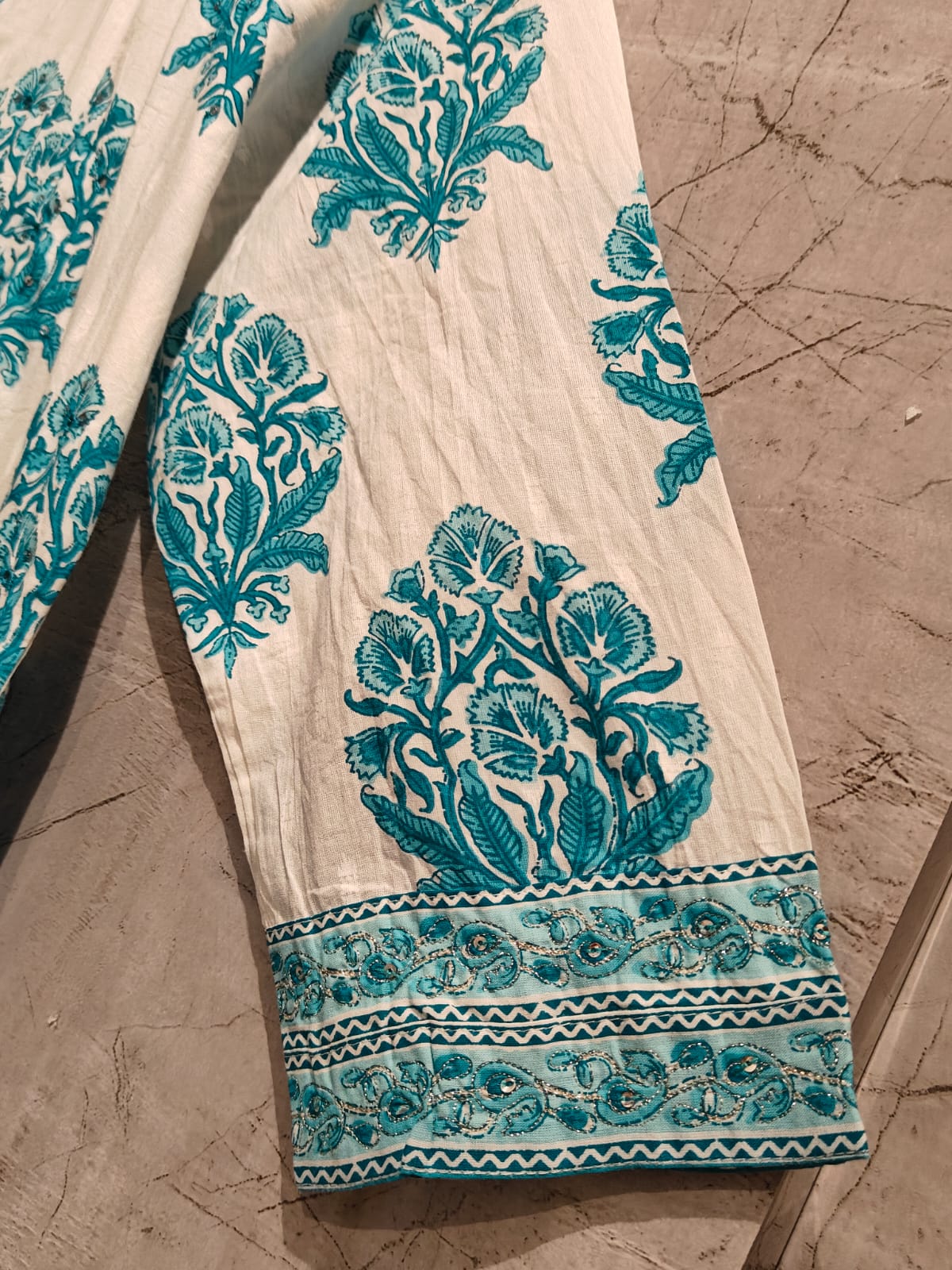 White With Blue Cotton Block Print Anarkali  Kurtha