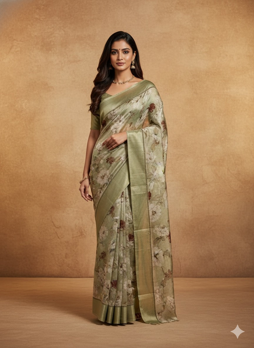 Green pure organza tissue -11 saree