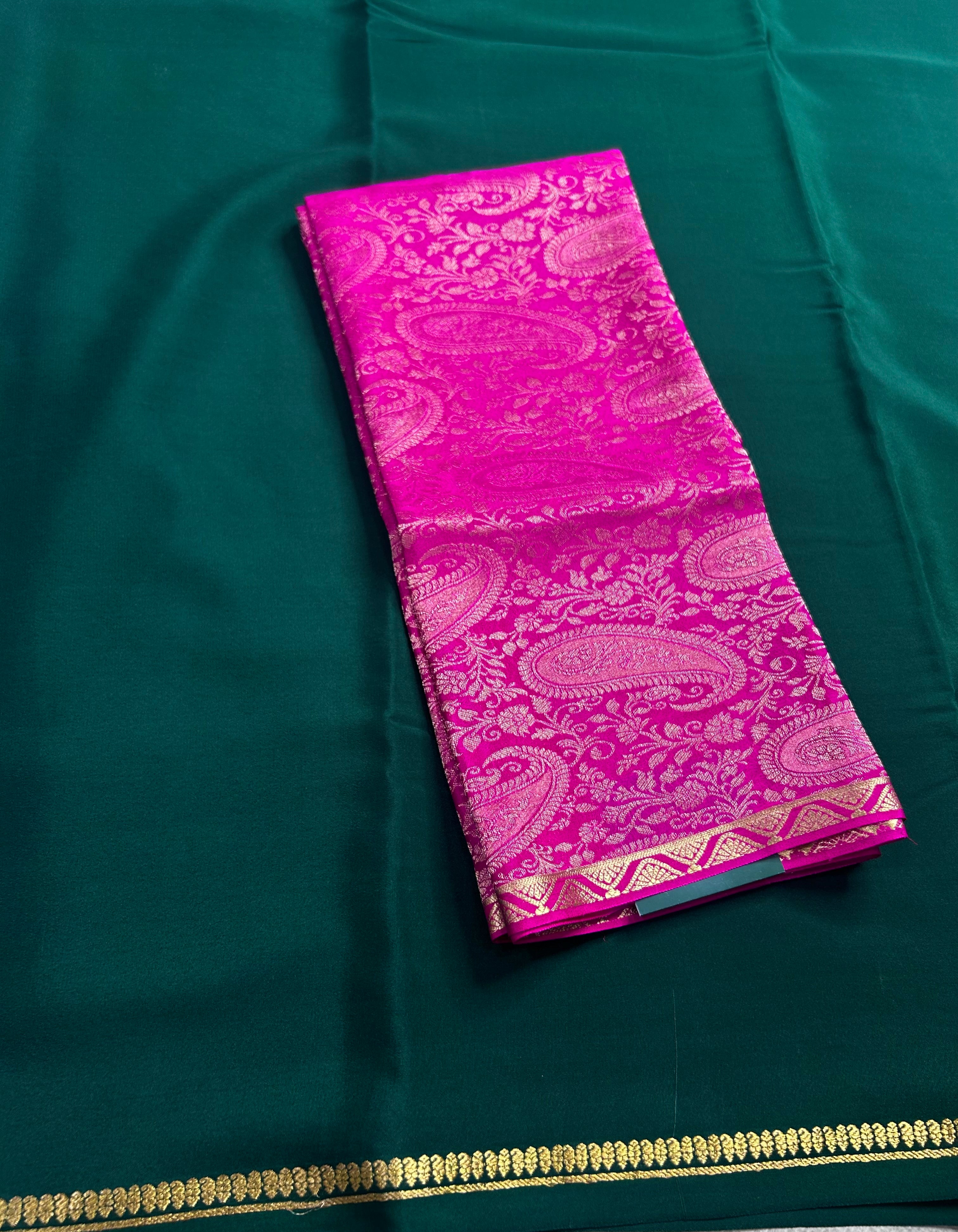 Bottle green plain pure mysore crepe silk saree with Mysore brocade blouse piece(MSM106)