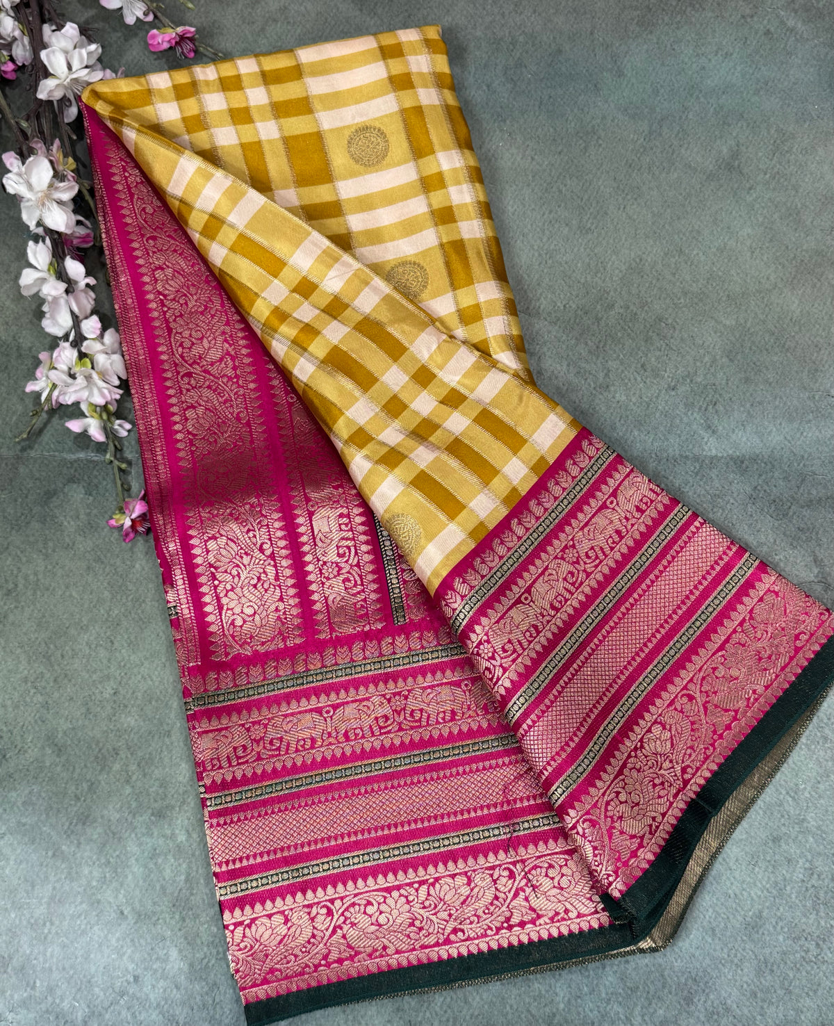 Mustard yellow Checks Semi Crepe Saree 110