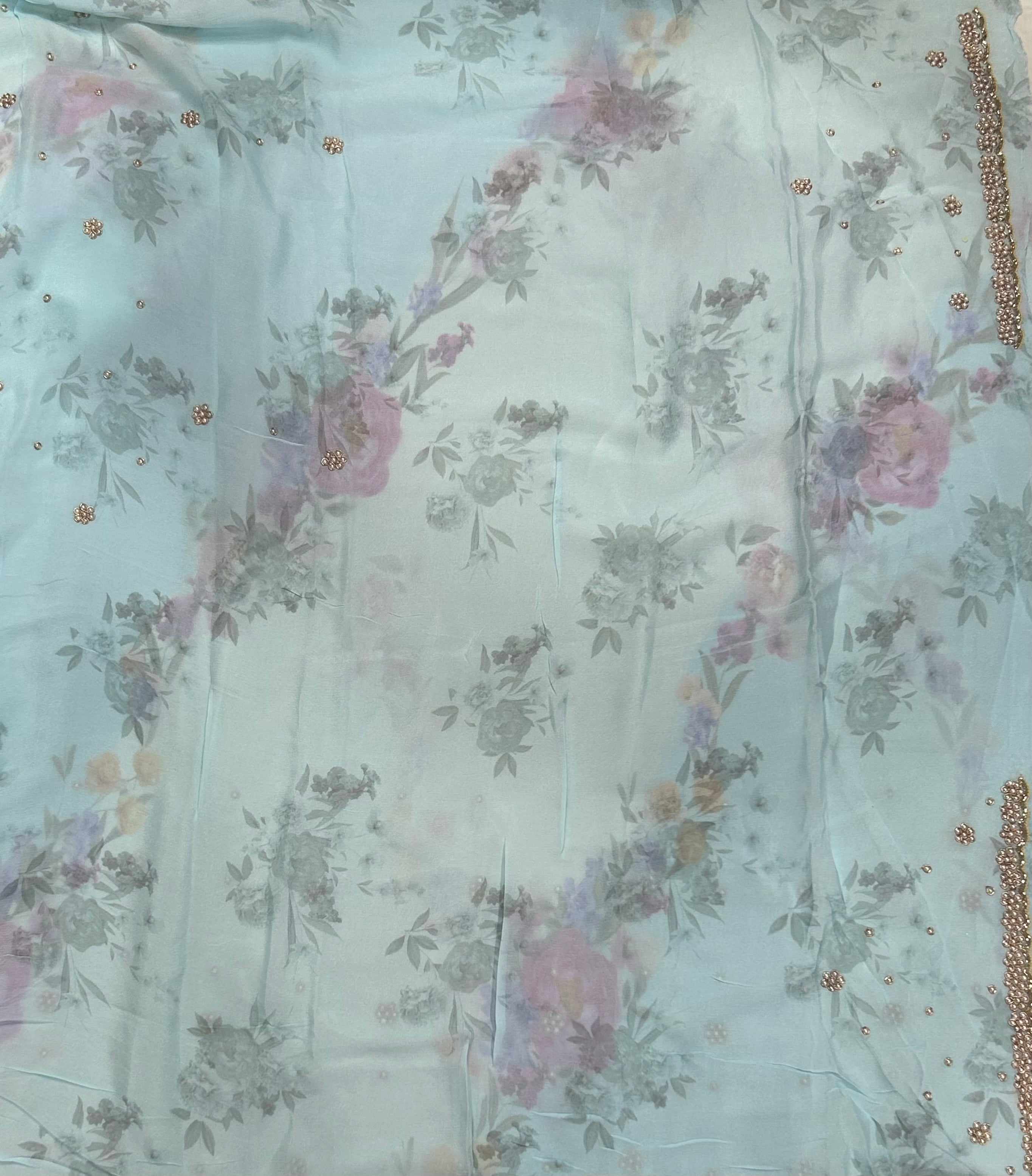Cream n pastel blue -2 digital printed crepe 104 party wear saree