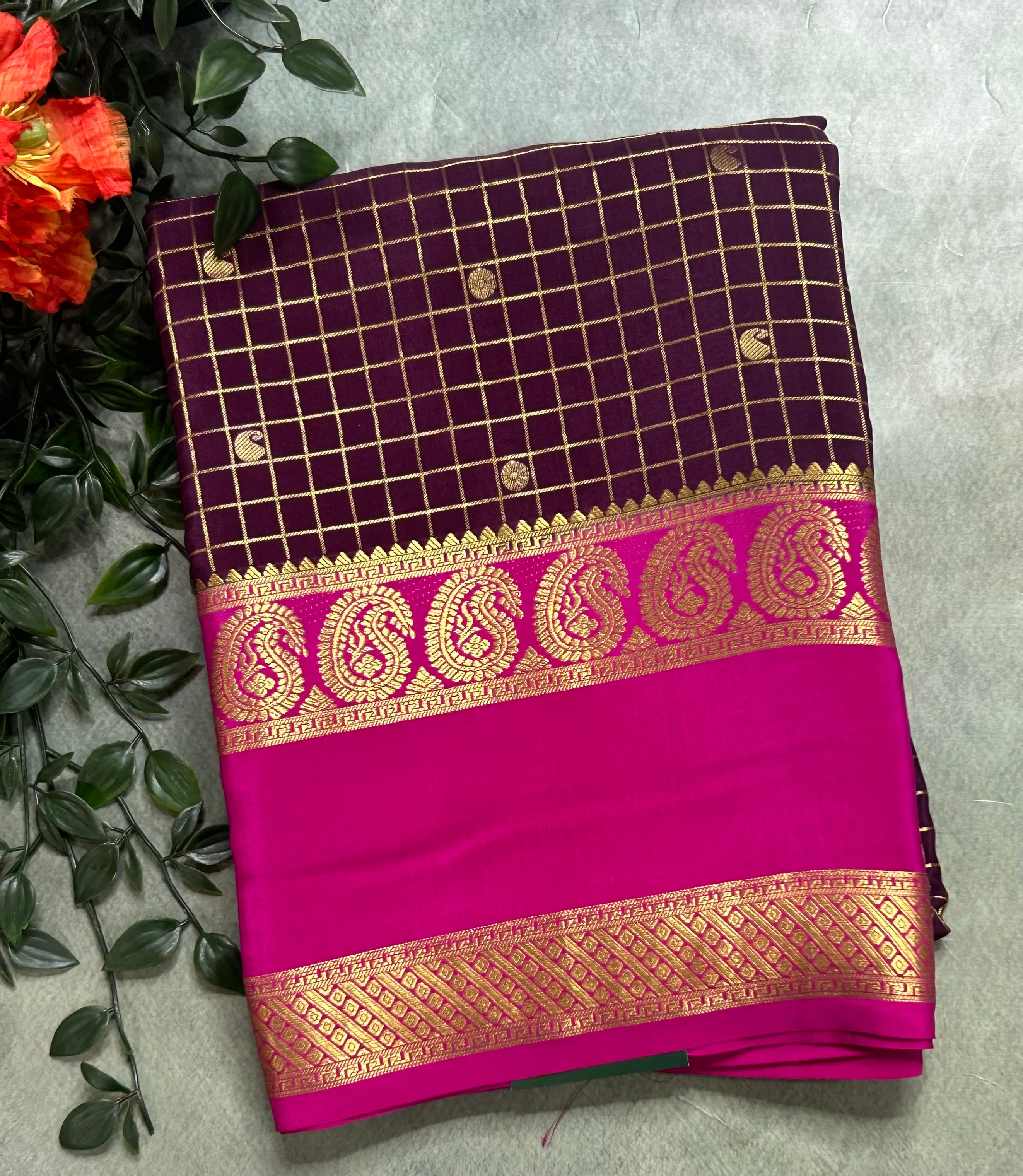 Wine small checks pure Mysore silk 105 saree