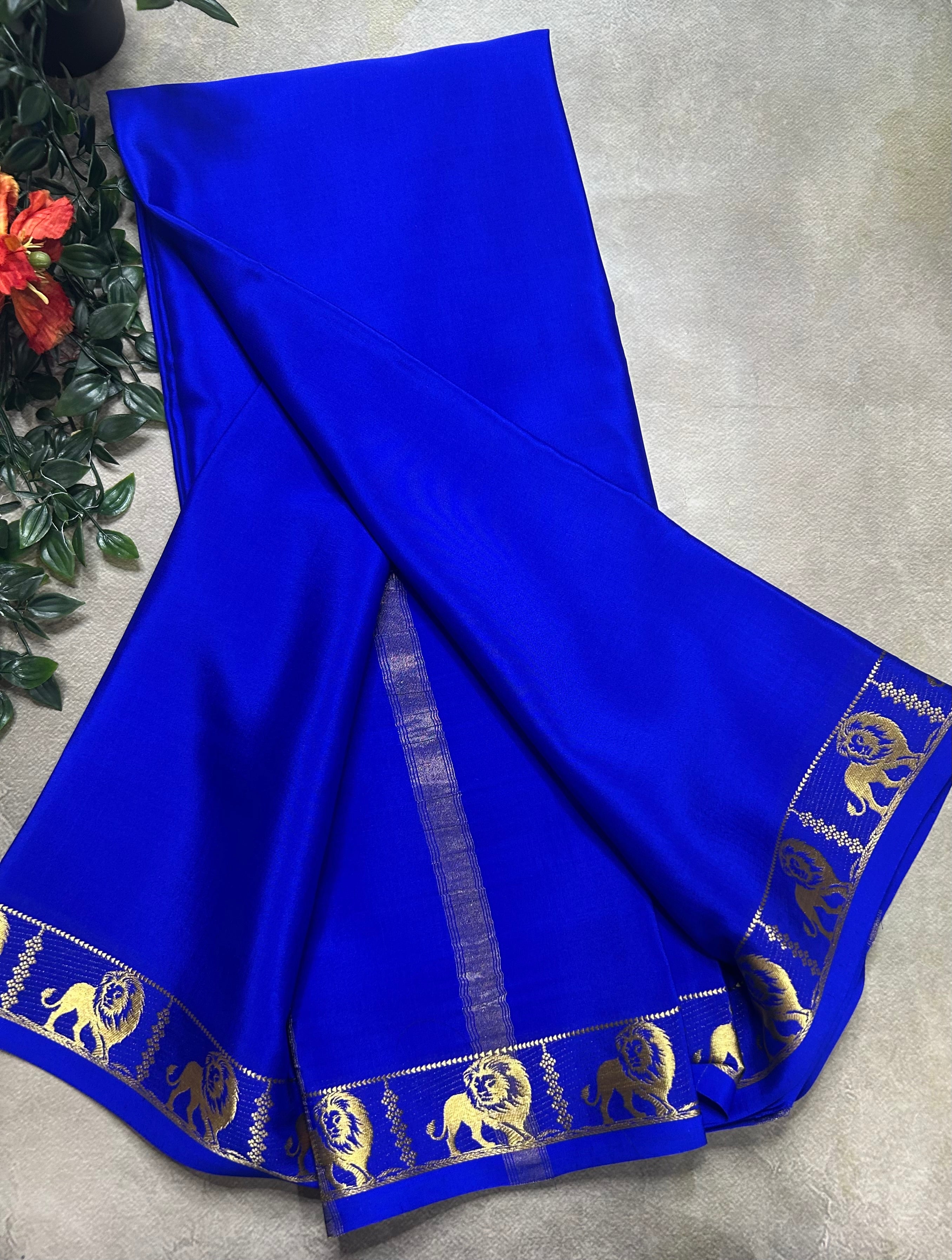 Royal blue lion border pure Mysore silk 105 saree