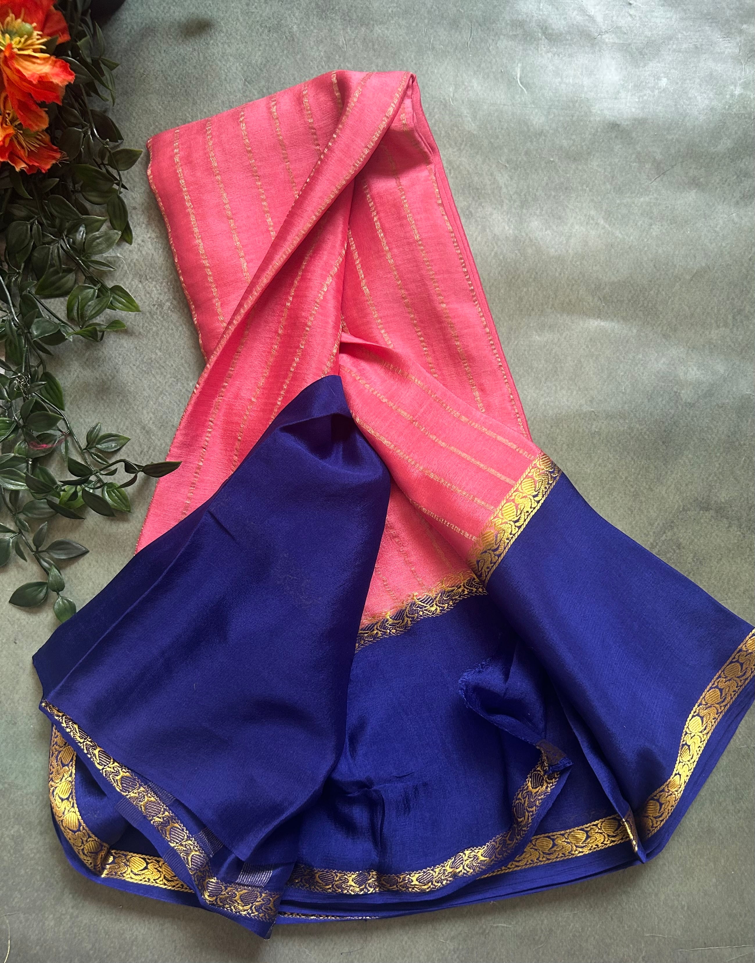 Light pink n navy blue pure wrinkle 103 crepe silk saree