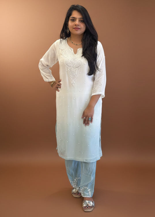 White nd Blue Chinnon Hand Embroidery Cord Set Kurtha 487