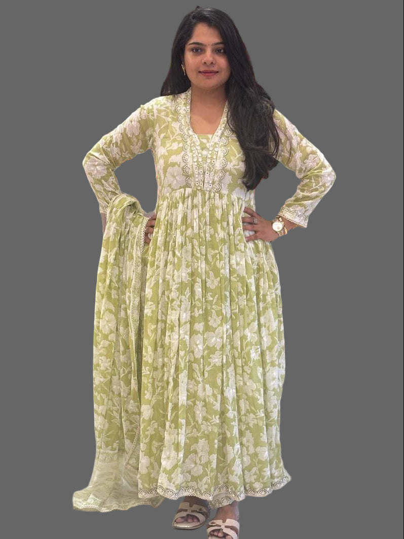 “Nari” Green Mul Cotton 3pcs Kurtha suit with block prints and embroidery 242