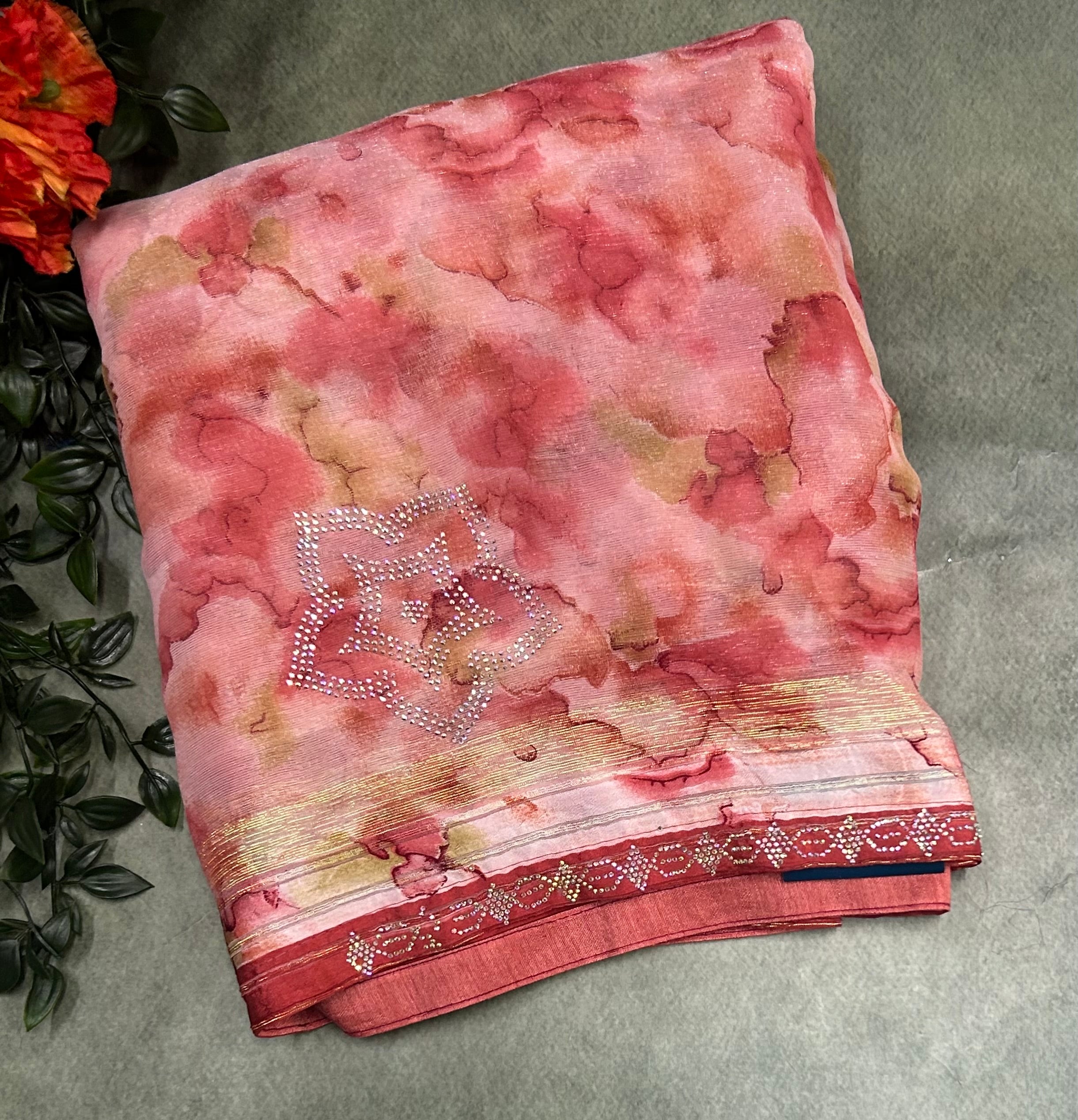 Pink digital print chinnon party wear saree