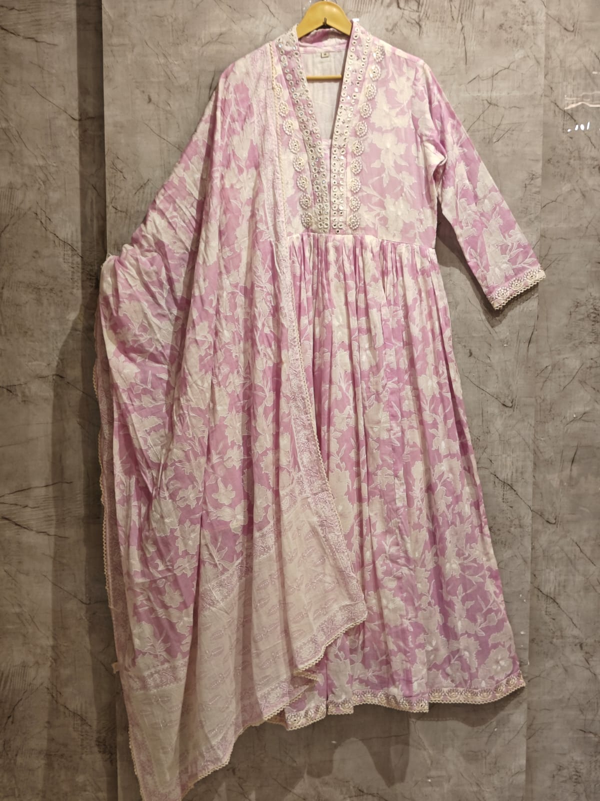 “Naya” Light Purple Mul Cotton 3pcs Kurtha suit with block prints and embroidery 242