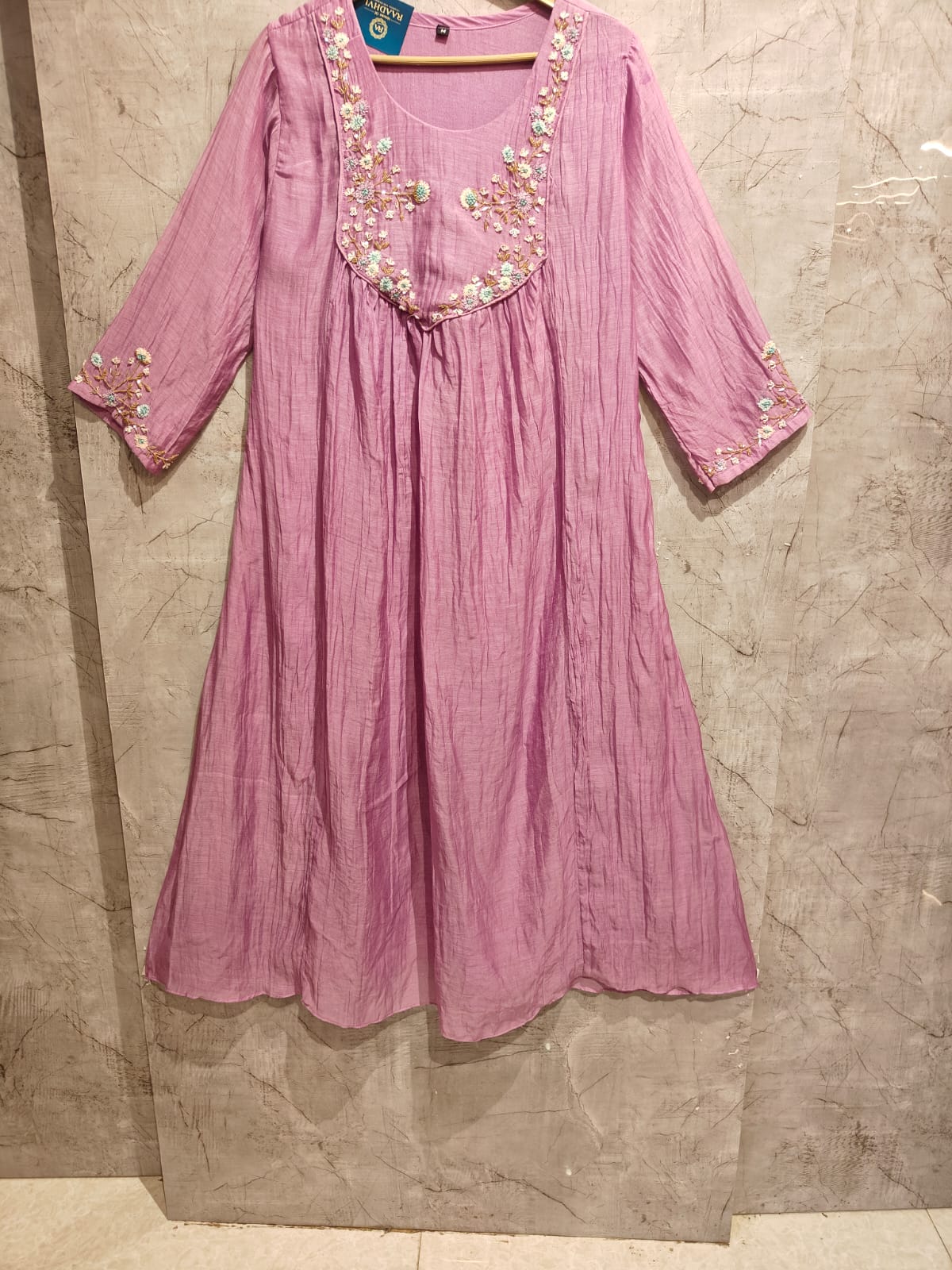 “Pani"  Lilac Mul Chanderi silk Kurtha suit with work hand embroidery