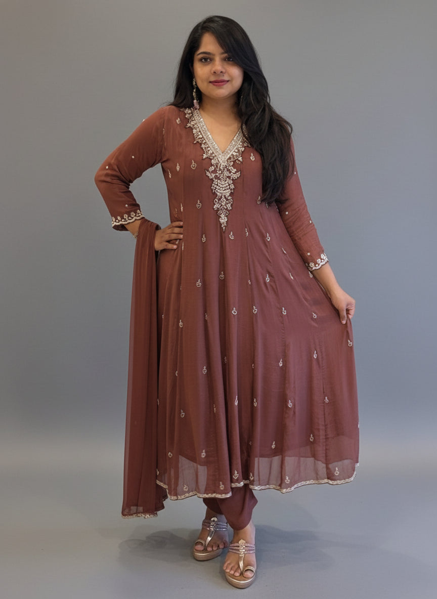 Brown Anarkali Chinnon Hand Embroidery Kurtha 567