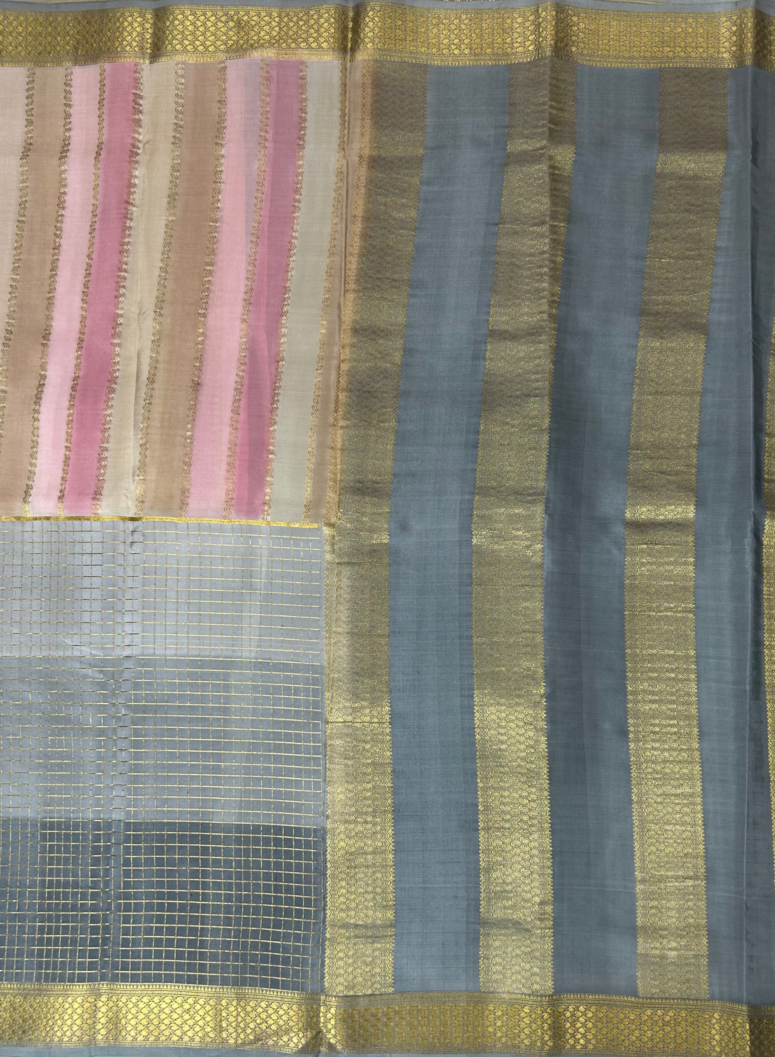 Rankart Stripes n Checks Pure Mysore Silk Saree – Elegant Handwoven Design | Premium Traditional Silk Collection