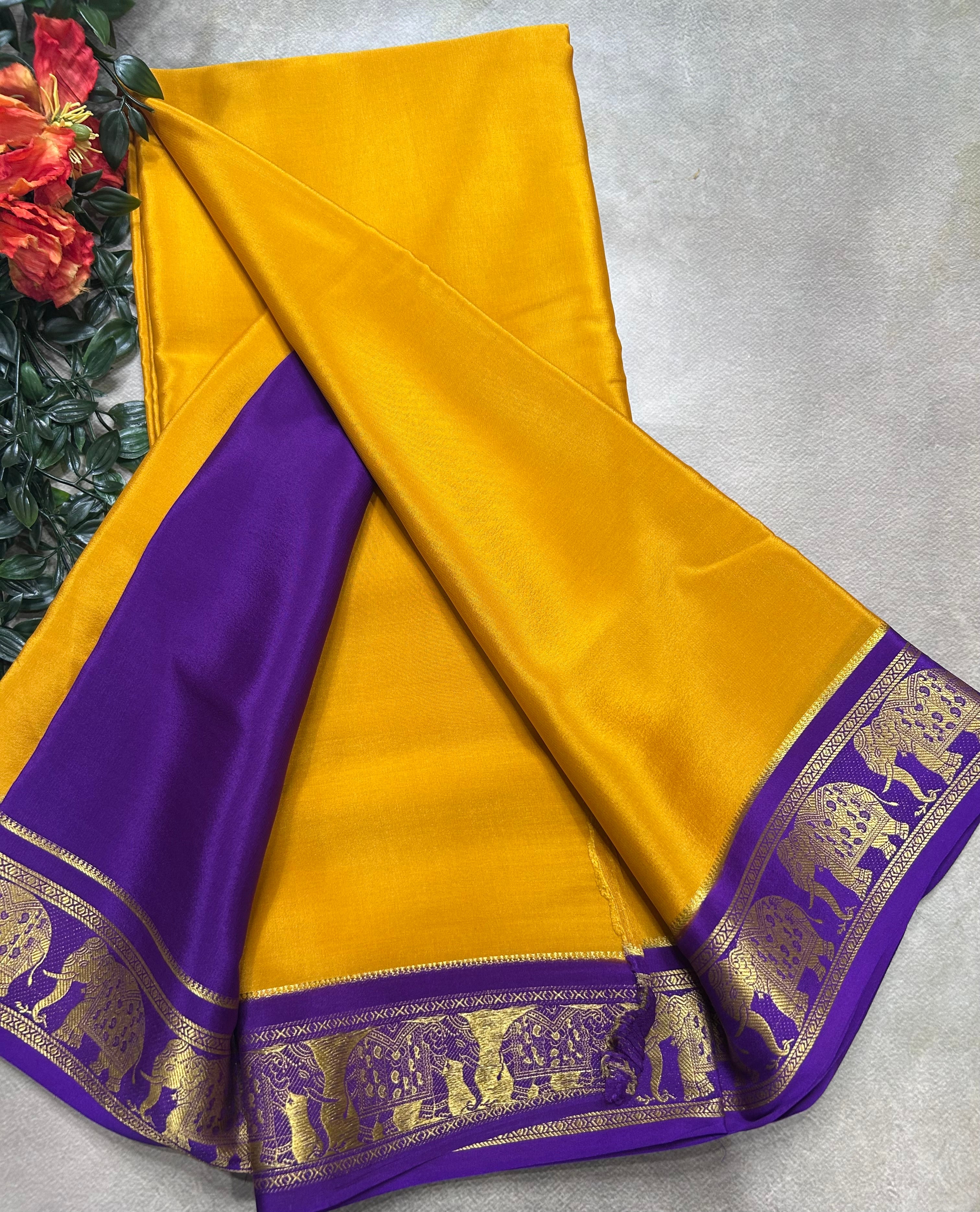 Mustard Yellow elephant small border pure mysore silk saree(YMS106)