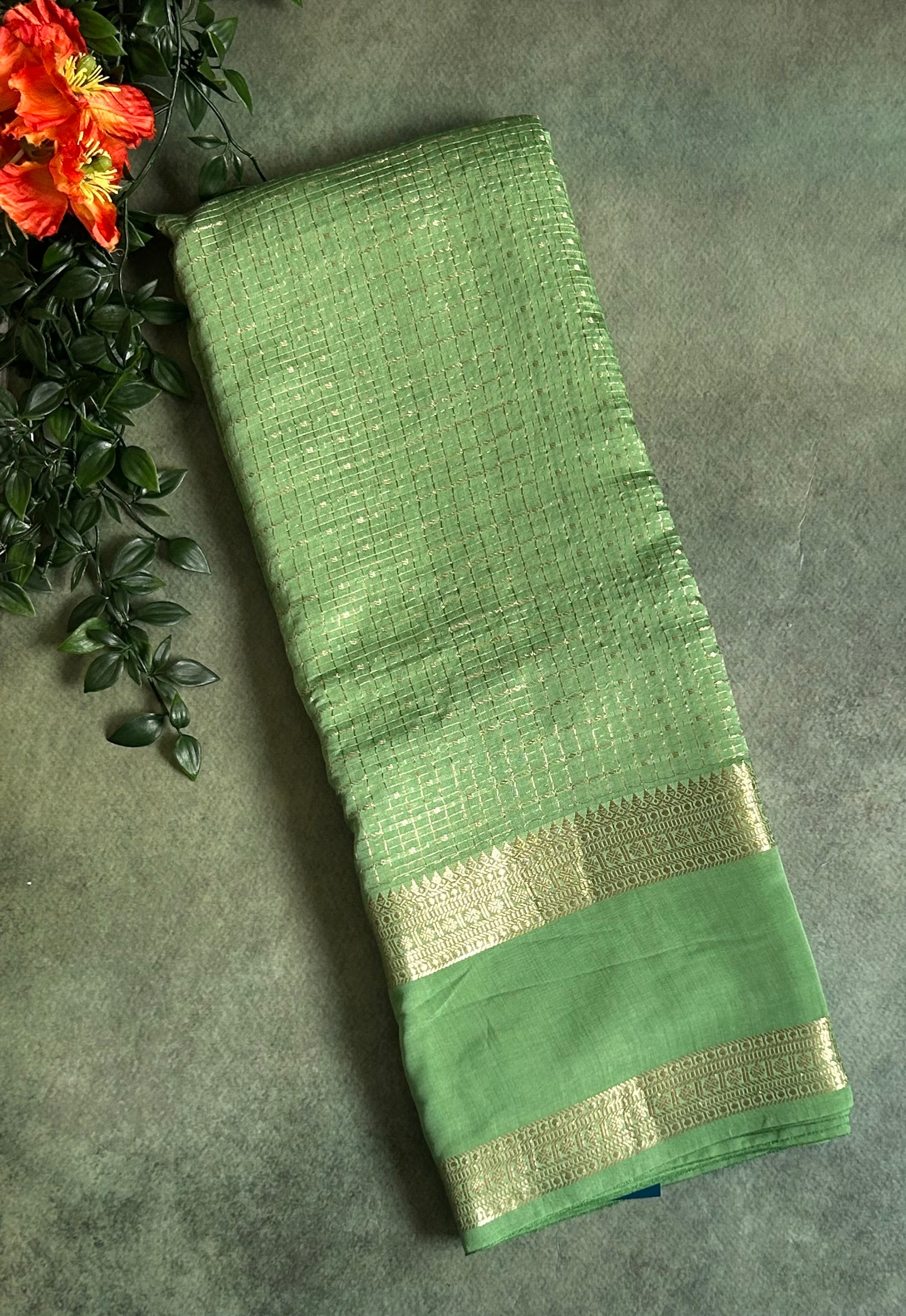 Pastel green small checks soft Tussar 03 crepe saree