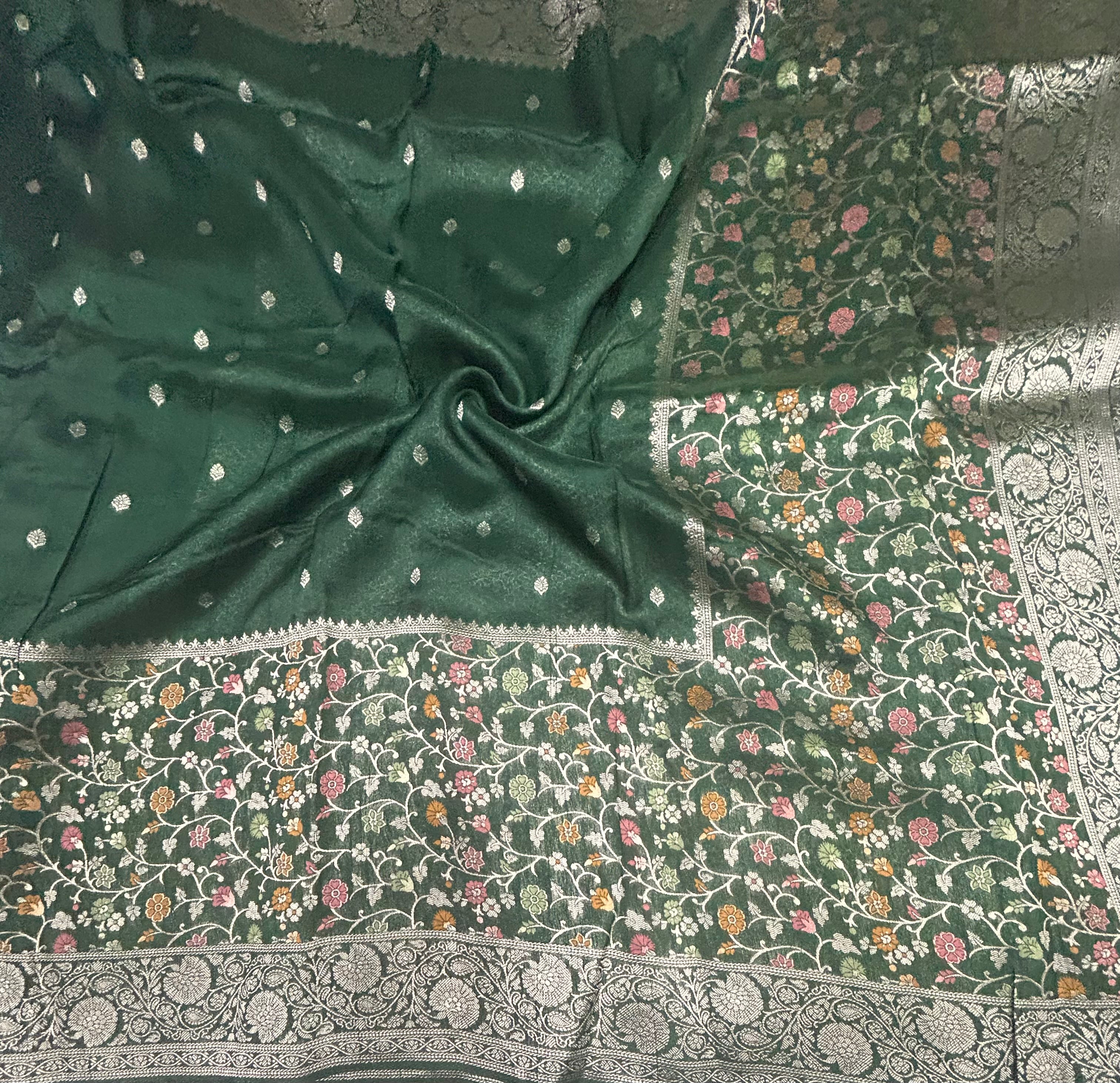 Bottle green Meena work Border soft Tussar crêpe Saree