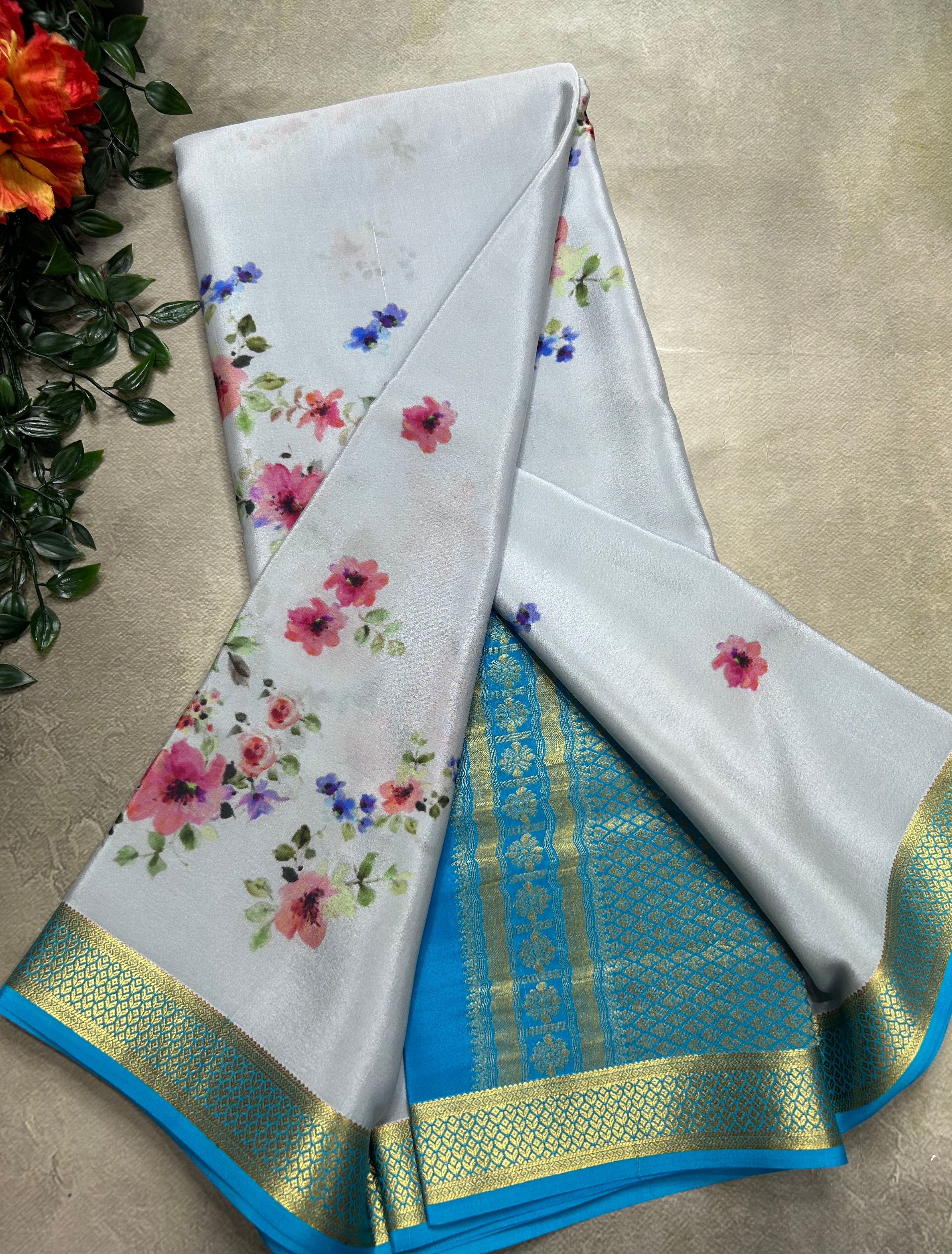 Grey digital print pure mysore silk saree(DMS106)