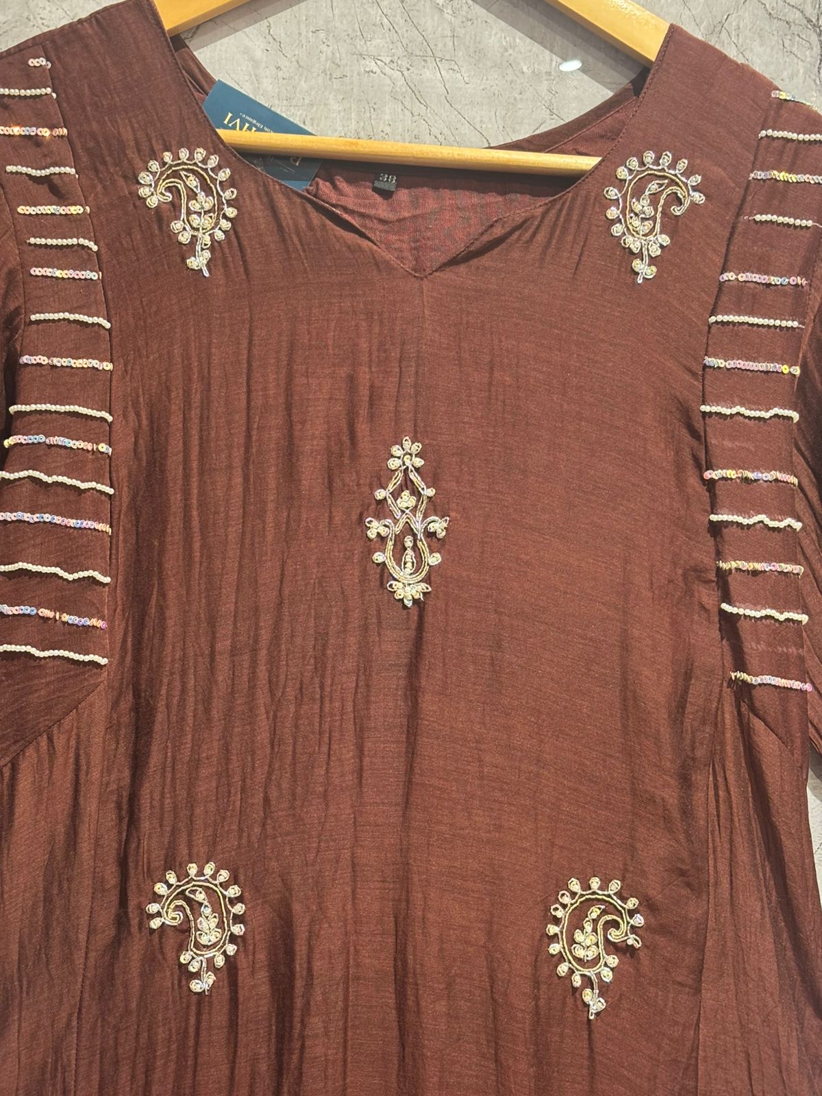 Brown Mul Chanderi Hand Embroidery Anarkali Kurtha 999