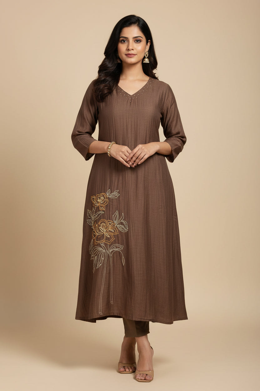 Brown Mul Chanderi Thread Embroidery A Line Kurtha 63