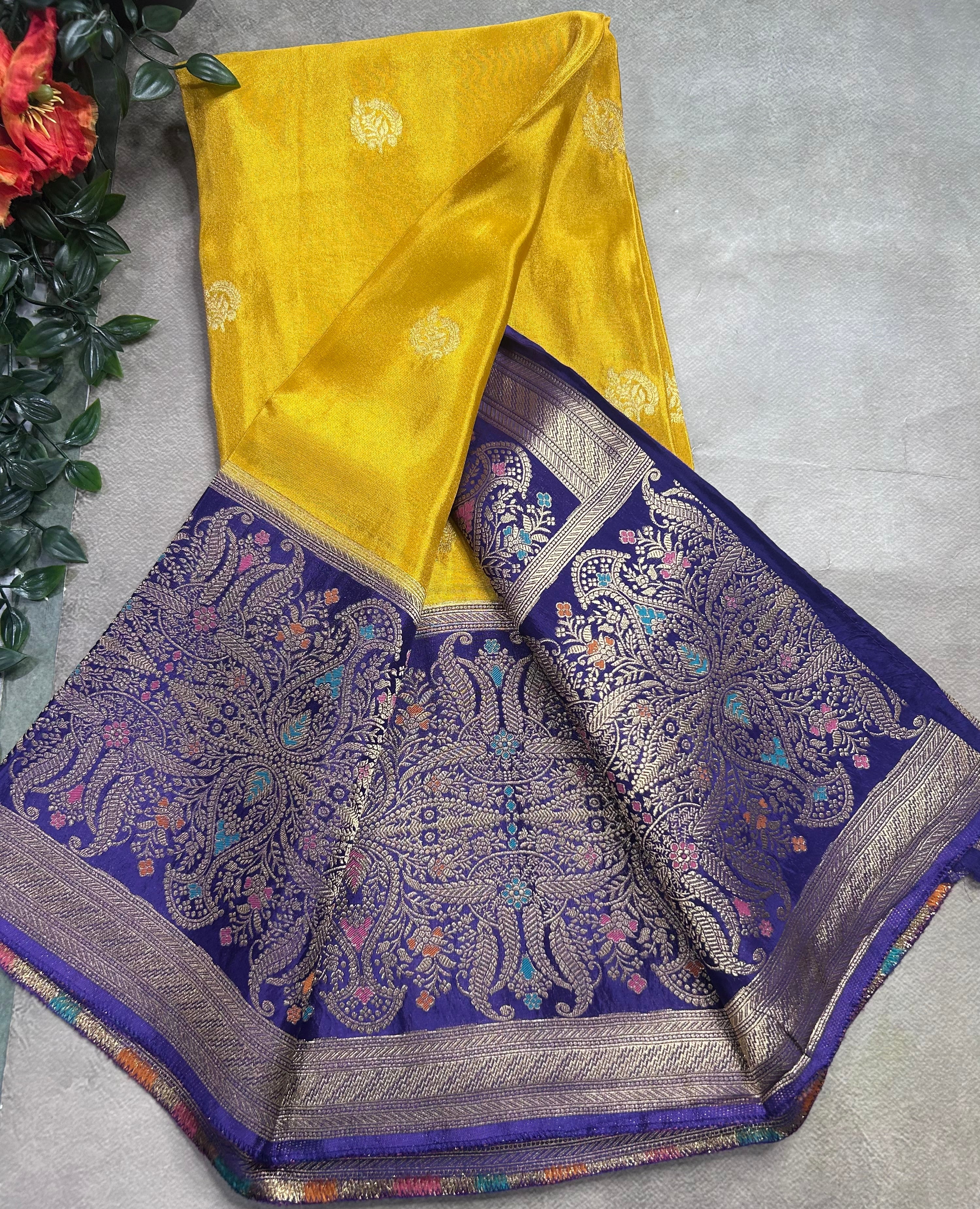 Yellow contrast long border soft semi tissue crepe 106 saree