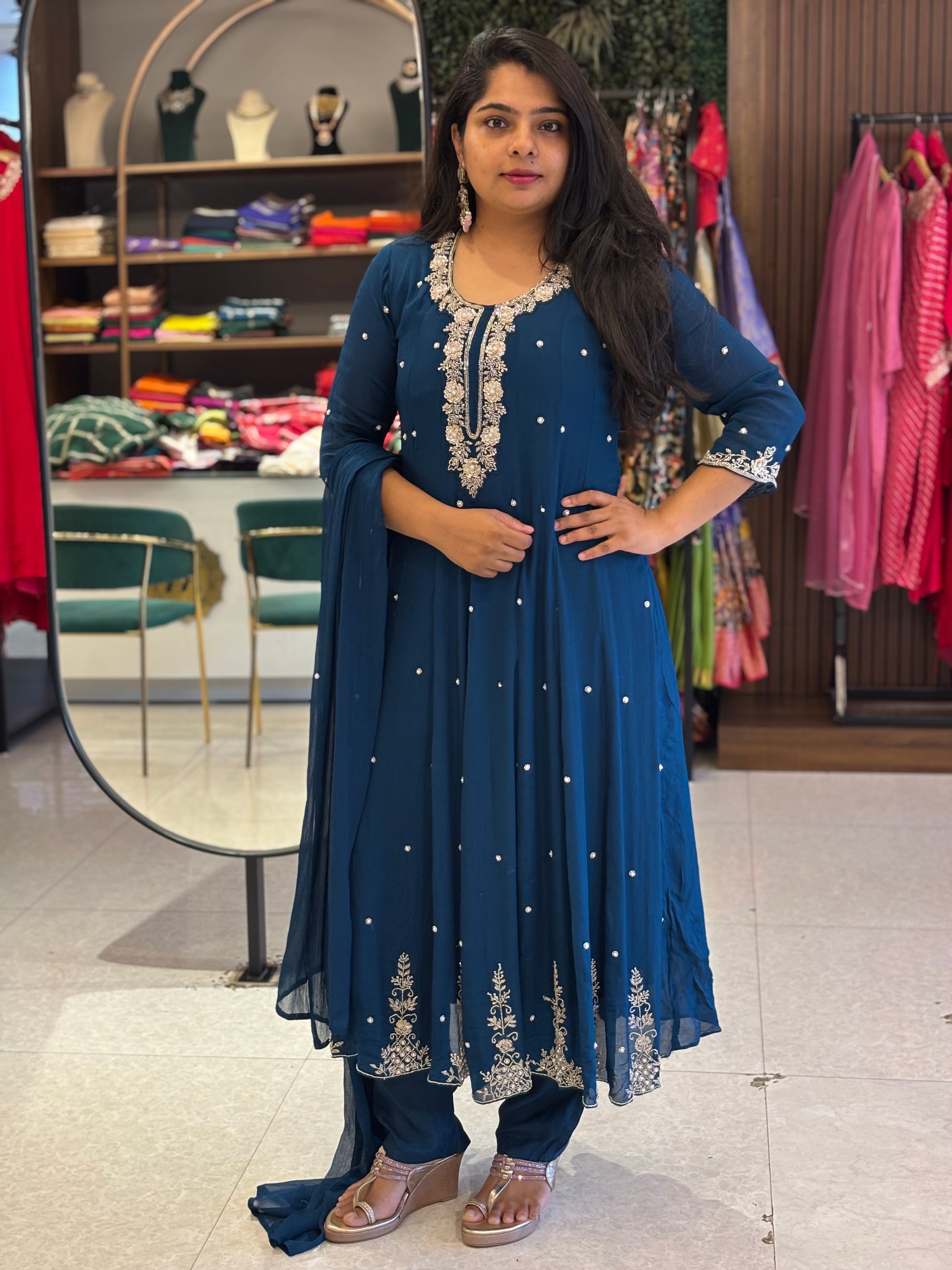 Peacock Blue Anarkali Chinnon Hand Embroidery Kurtha 567