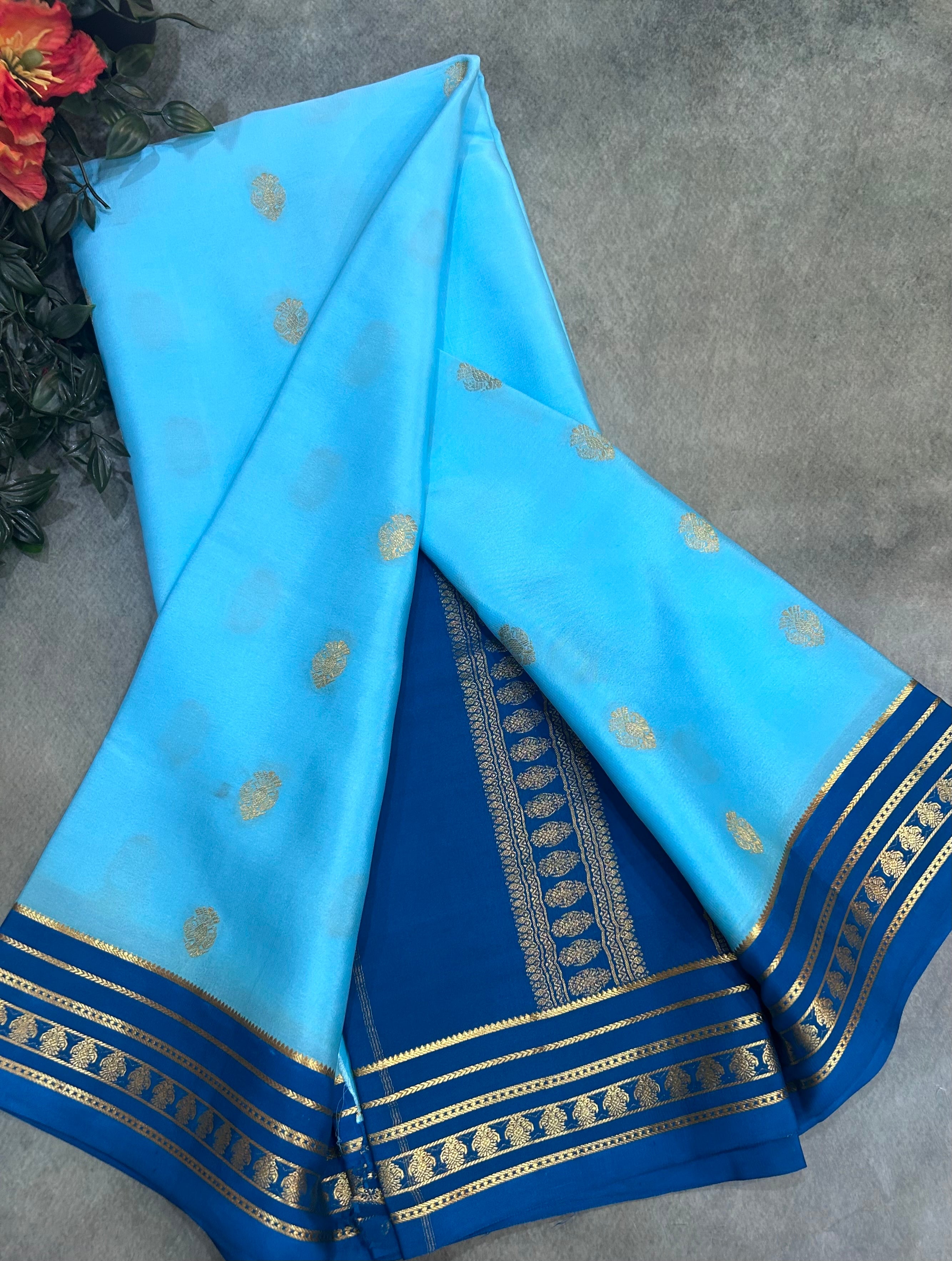 Sky blue stripes border pure Mysore silk 106 saree