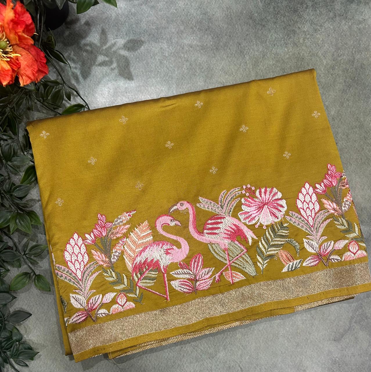 Mustard yellow soft Tussar 03 embroidery saree