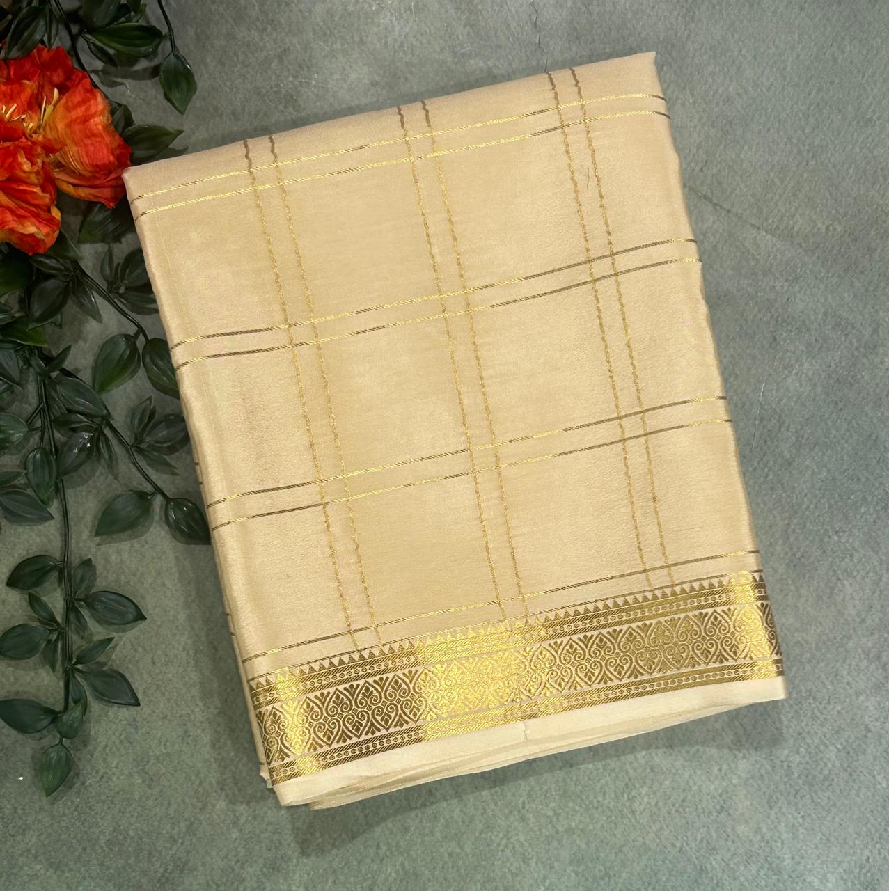 Beige 2 eembrodiery checks pure Mysore crepe silk 103 saree