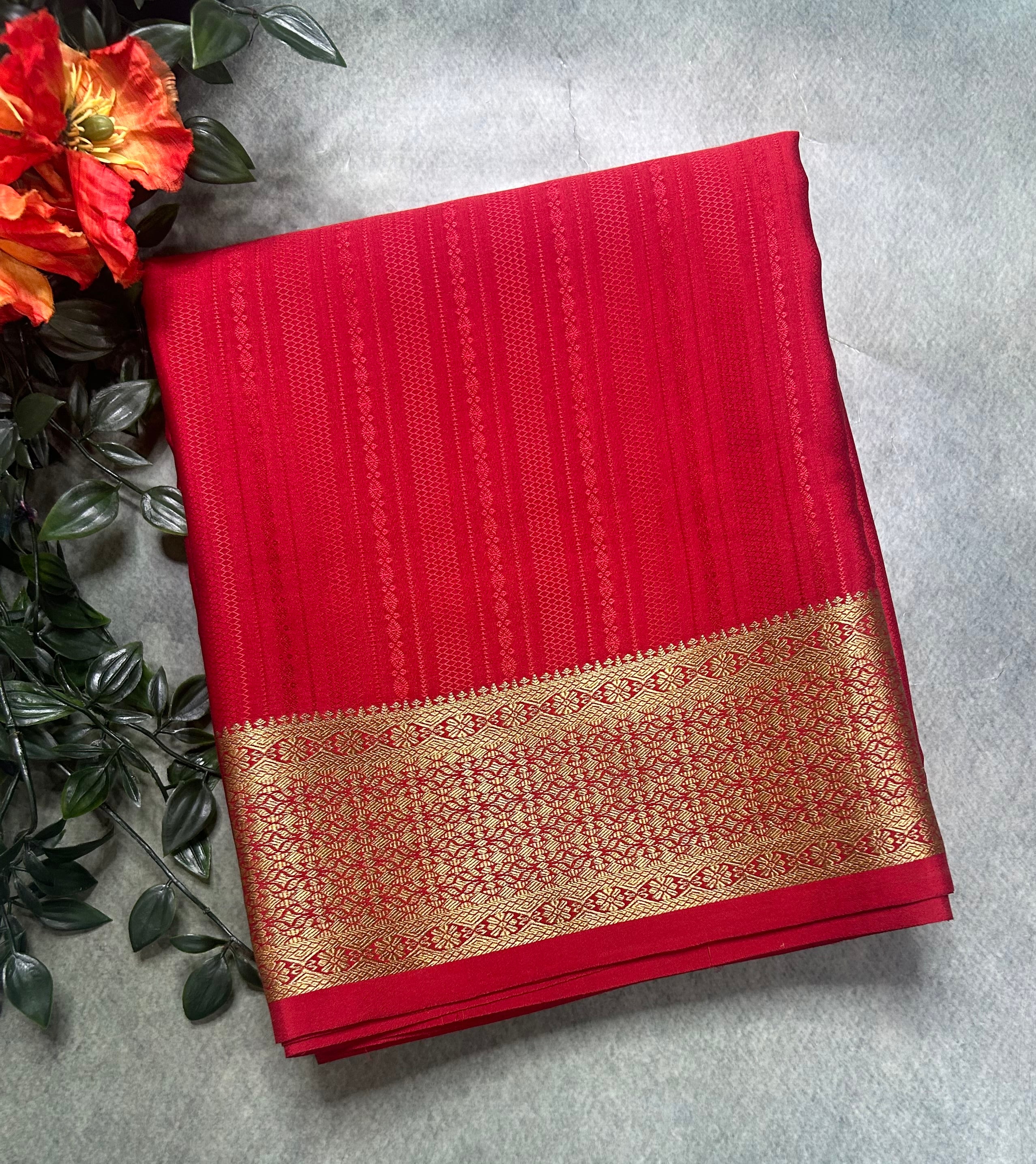 Red long border embossed pure Mysore silk 105 saree