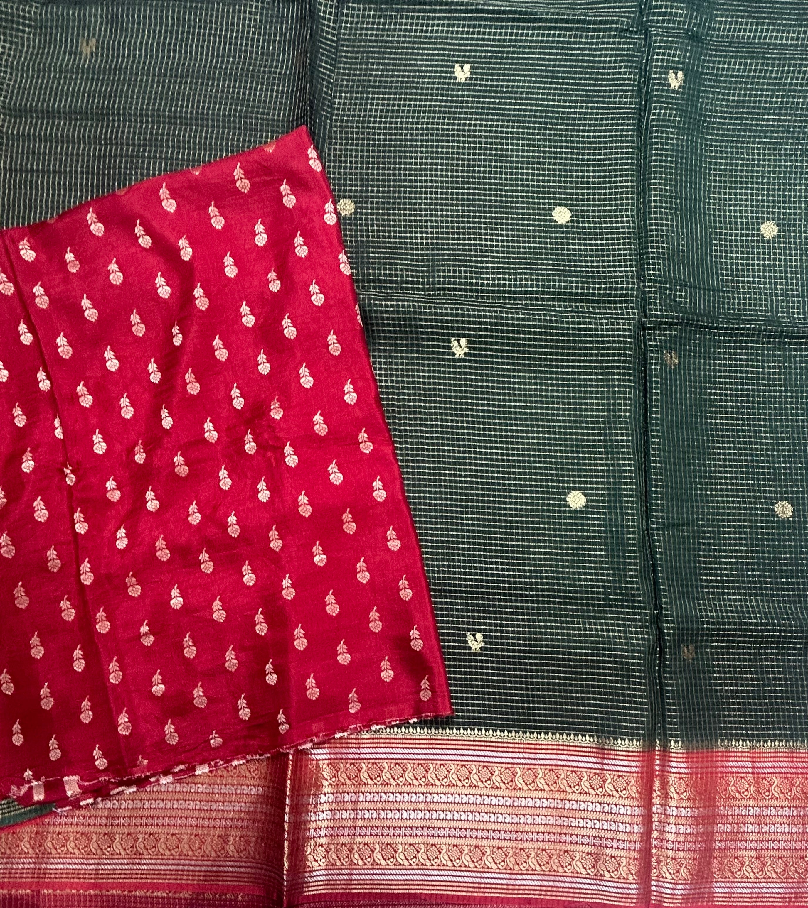 Bottle green small checks contrast semi Mysore crepe 105 saree