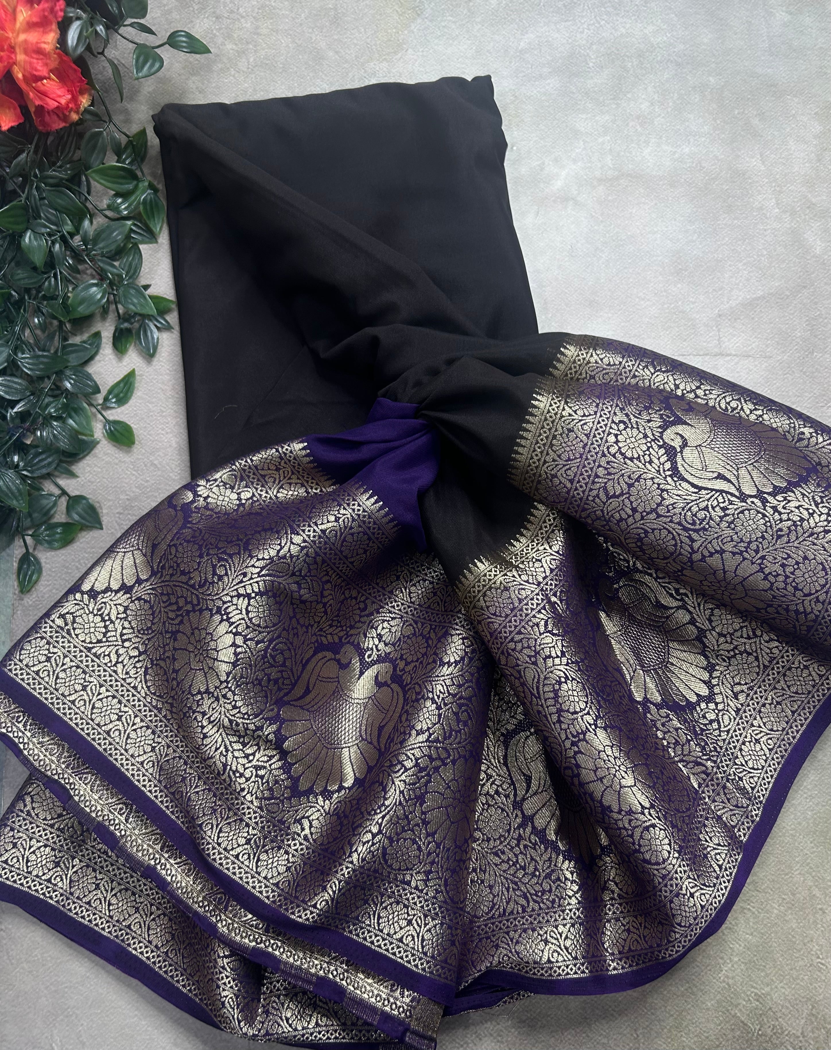 Black contrast long border soft semi Mysore crepe 106 saree