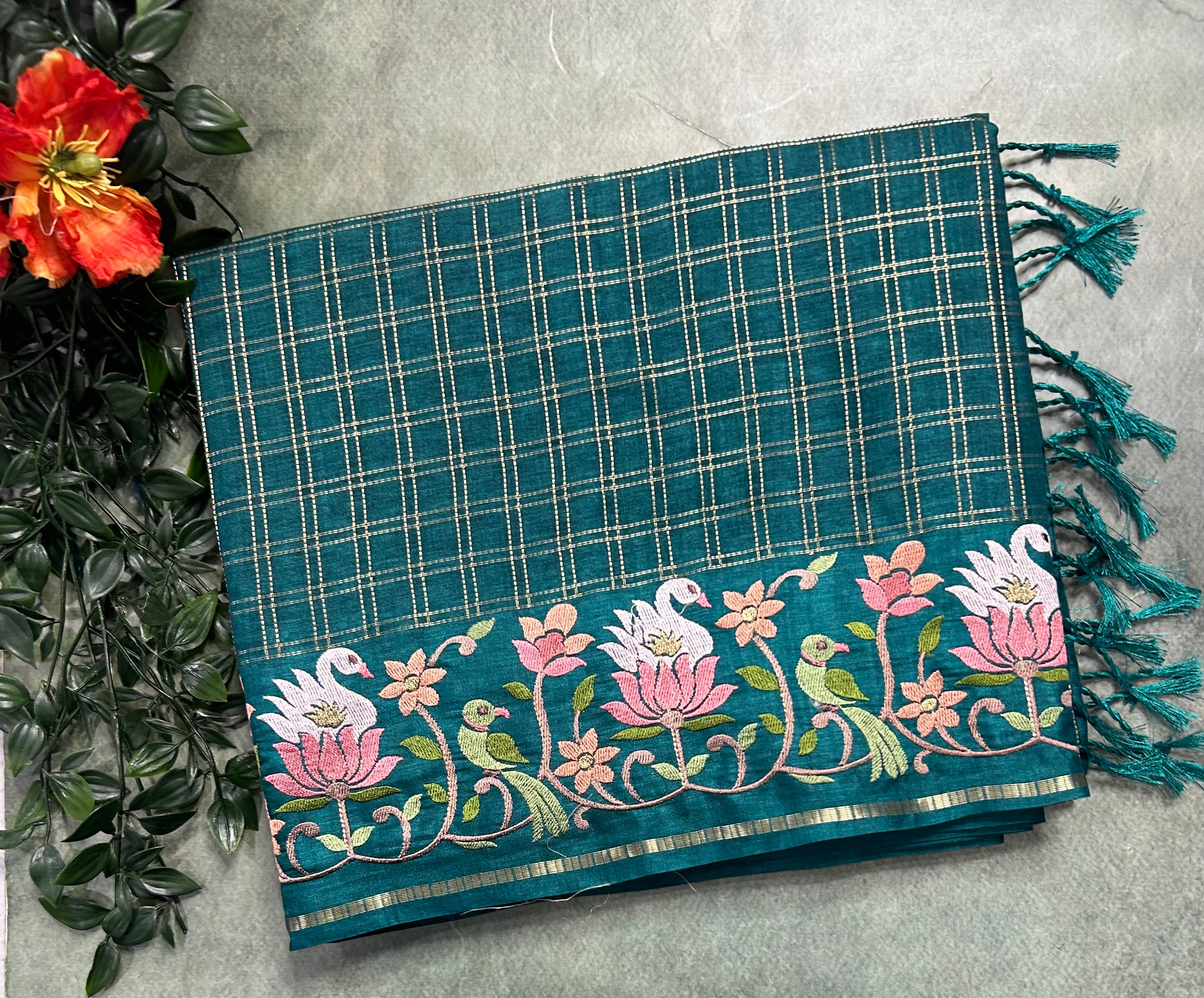 Dark Rama green checks embroidery border semi Tussar 105 saree