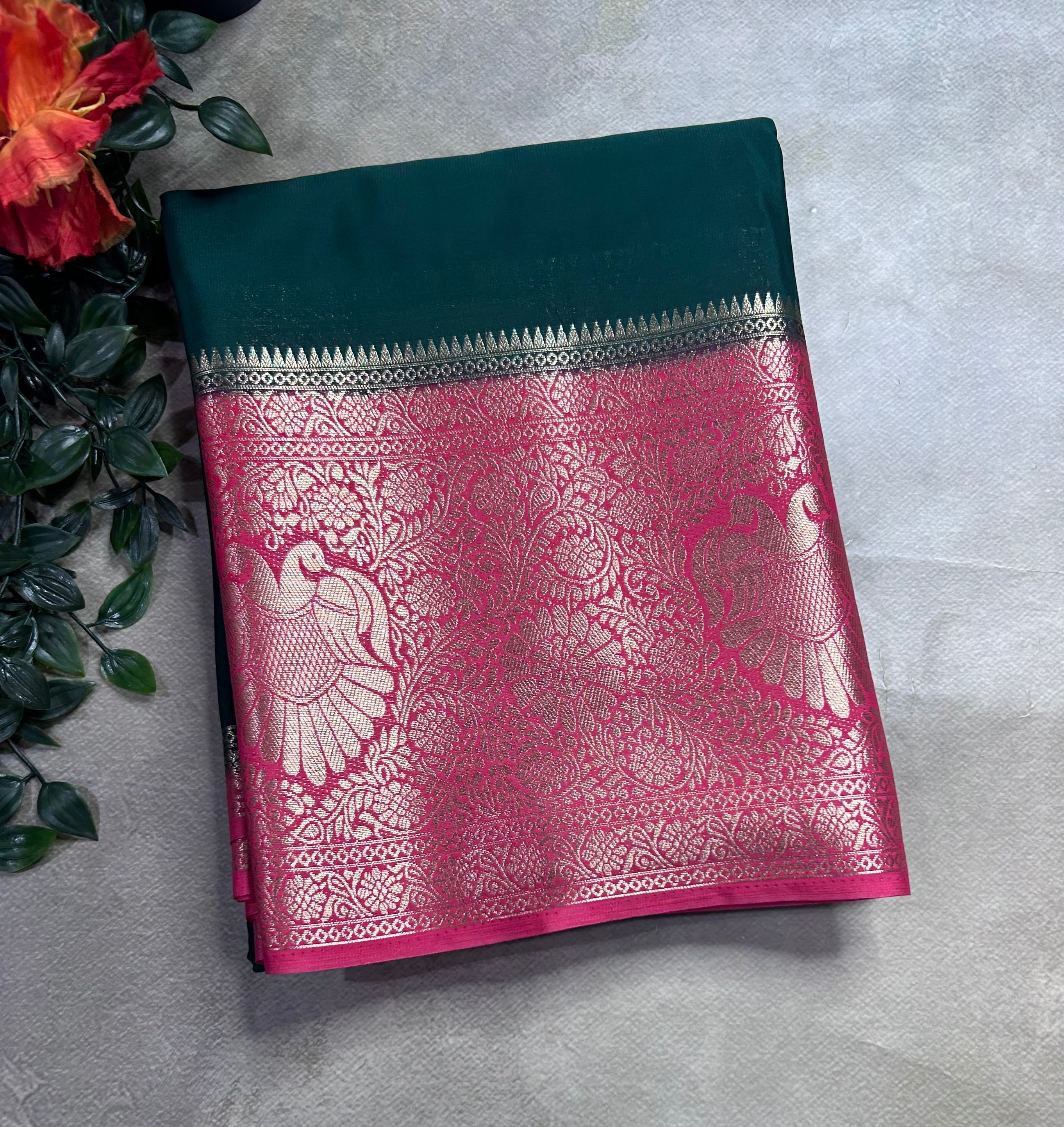 Bottle green contrast long border soft semi Mysore crepe 106 saree