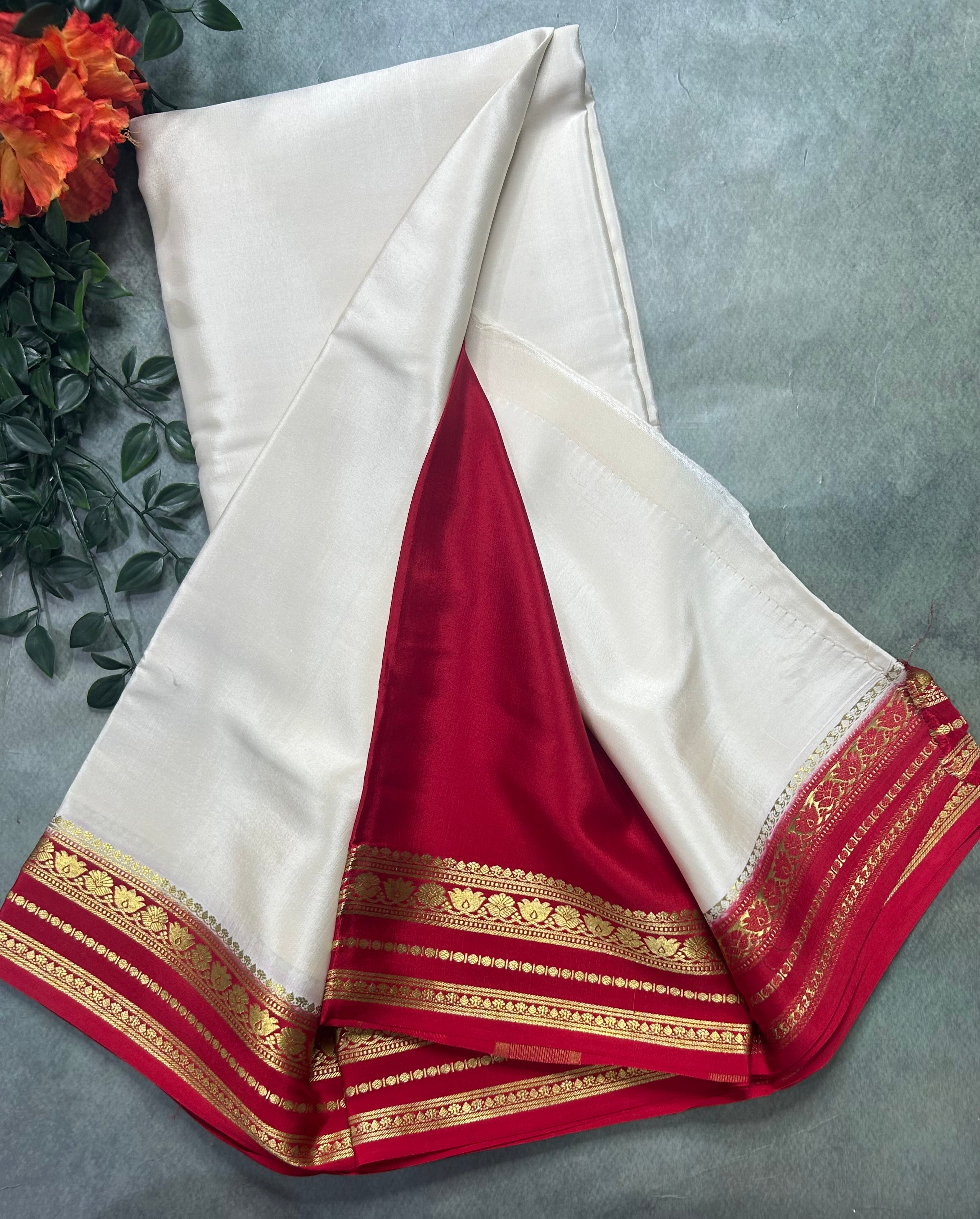Cream pure Mysore crepe silk saree