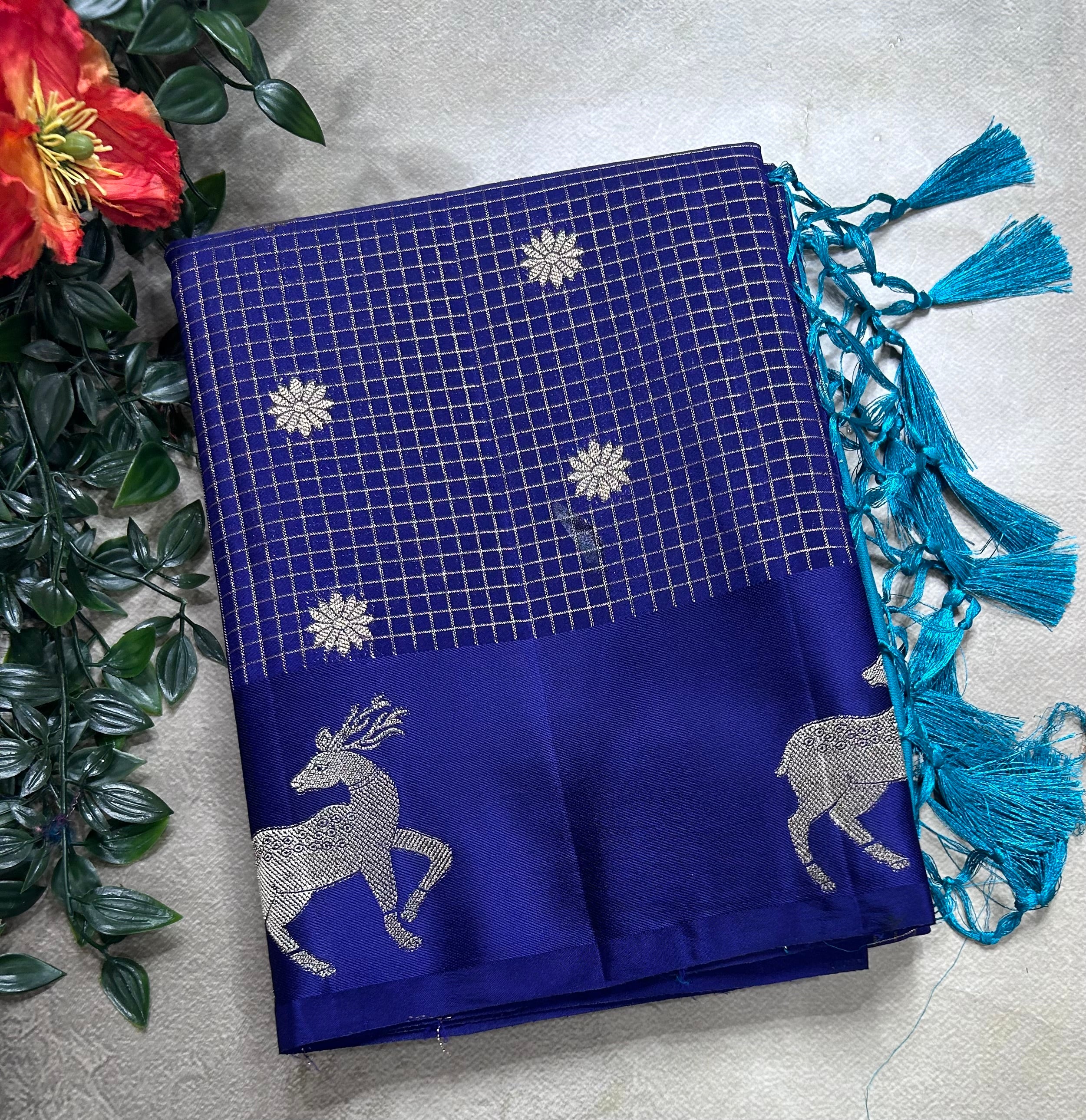 Navy blue small checks semi Mysore crepe 106 saree