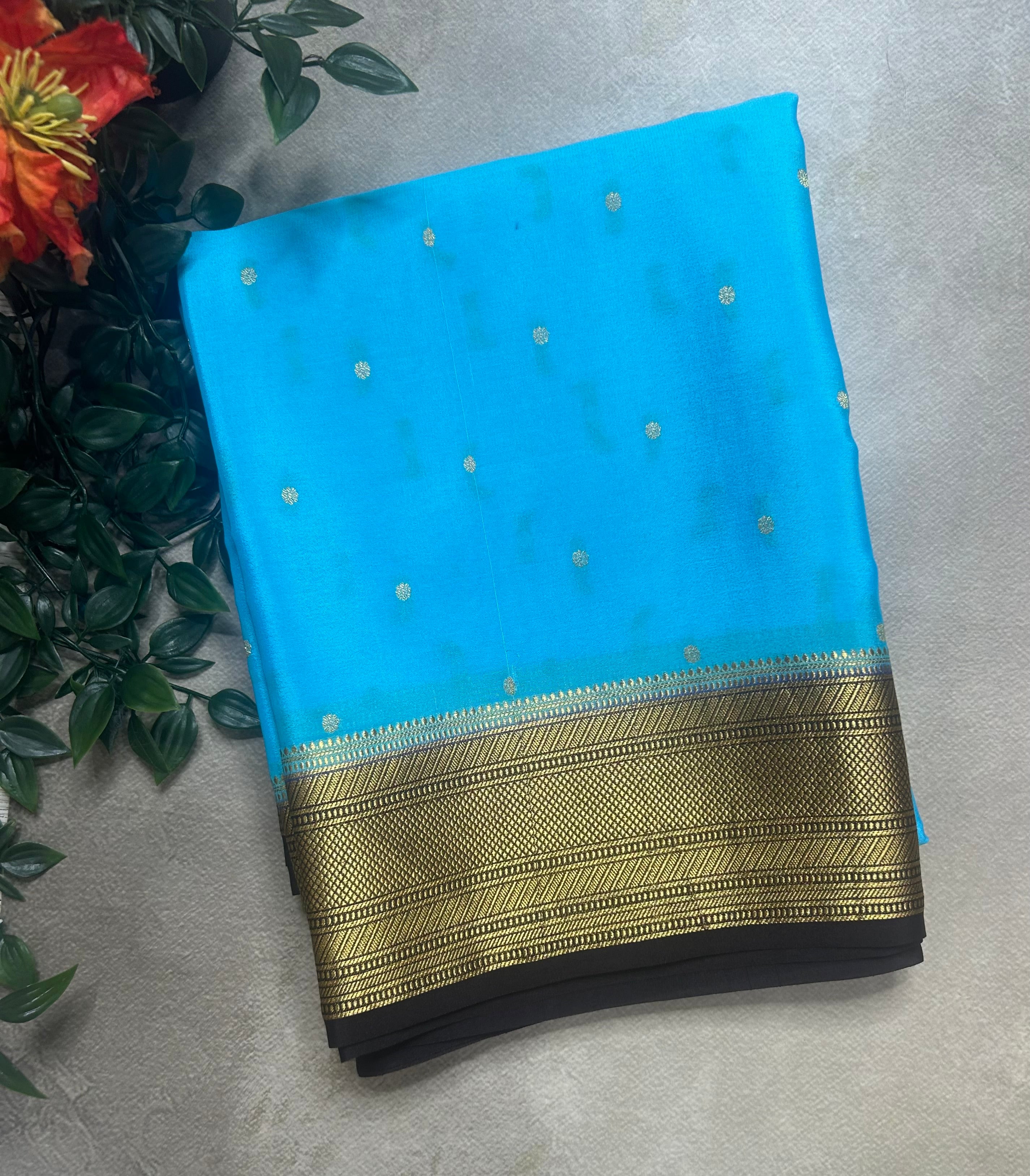 Sky blue n dark brown small border pure Mysore silk-104 saree