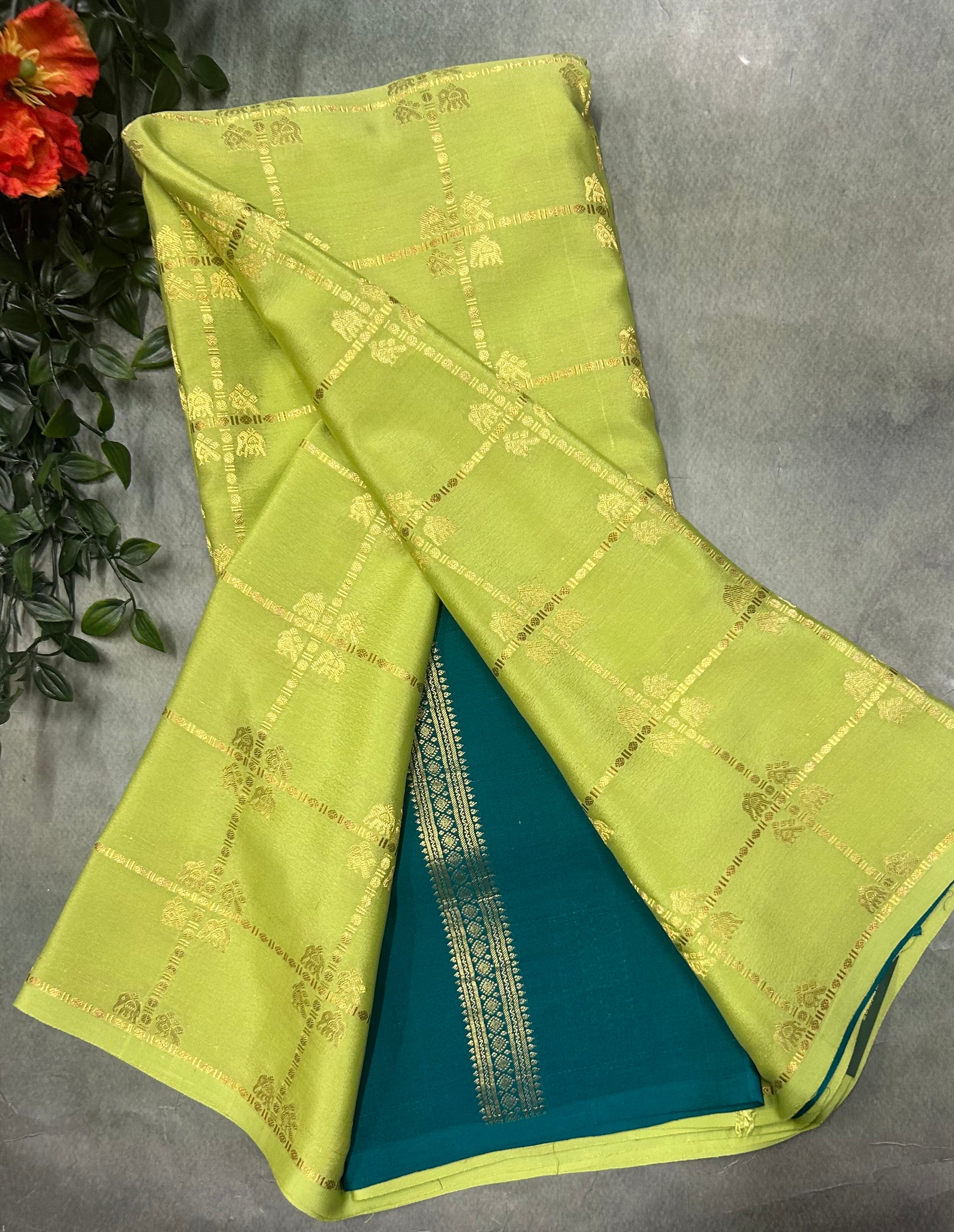 Pista green contrast ST checks borderless pure mysore silk-105 saree