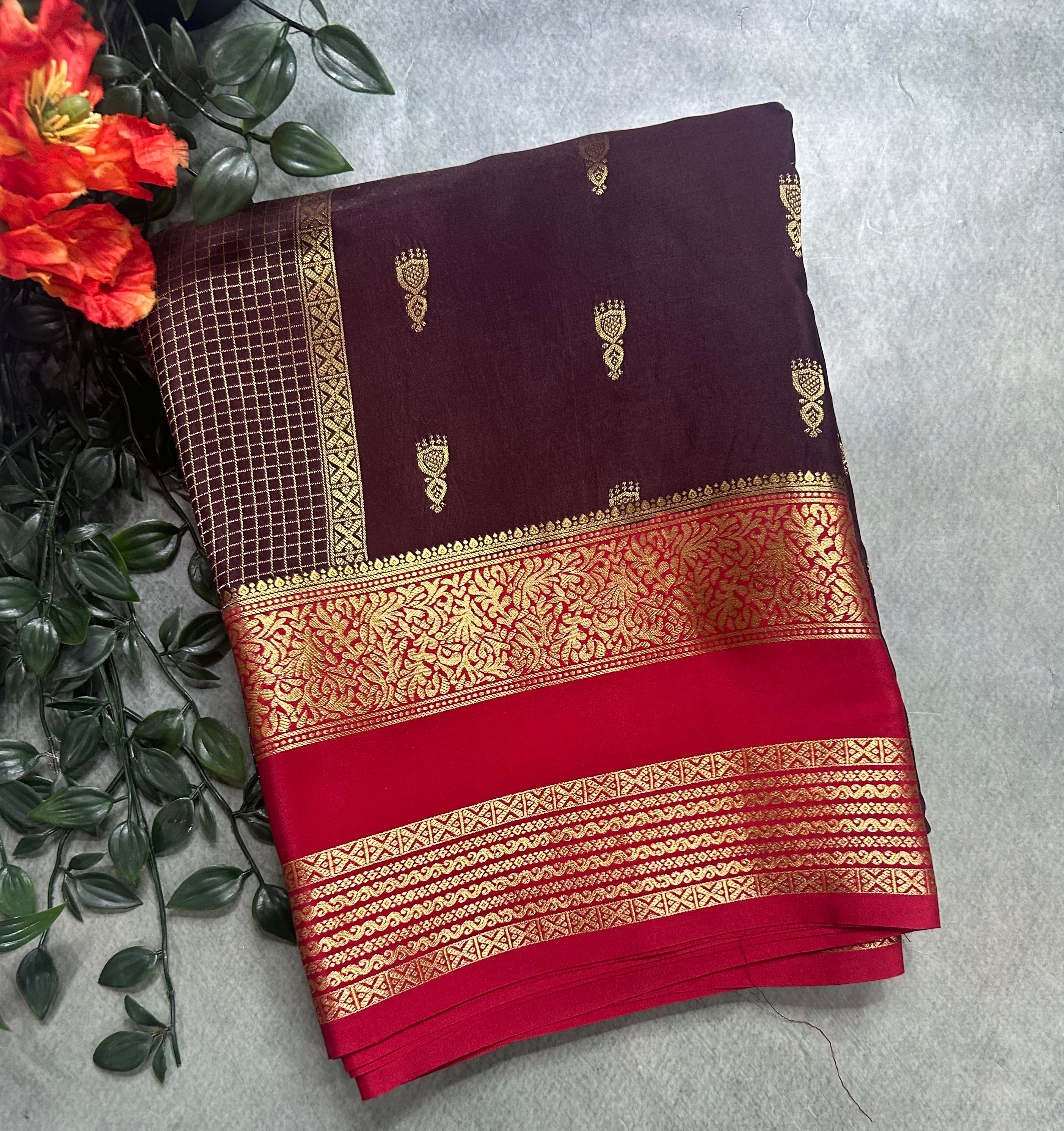 Brown jumka Butta n bentex border pure Mysore silk saree ST105