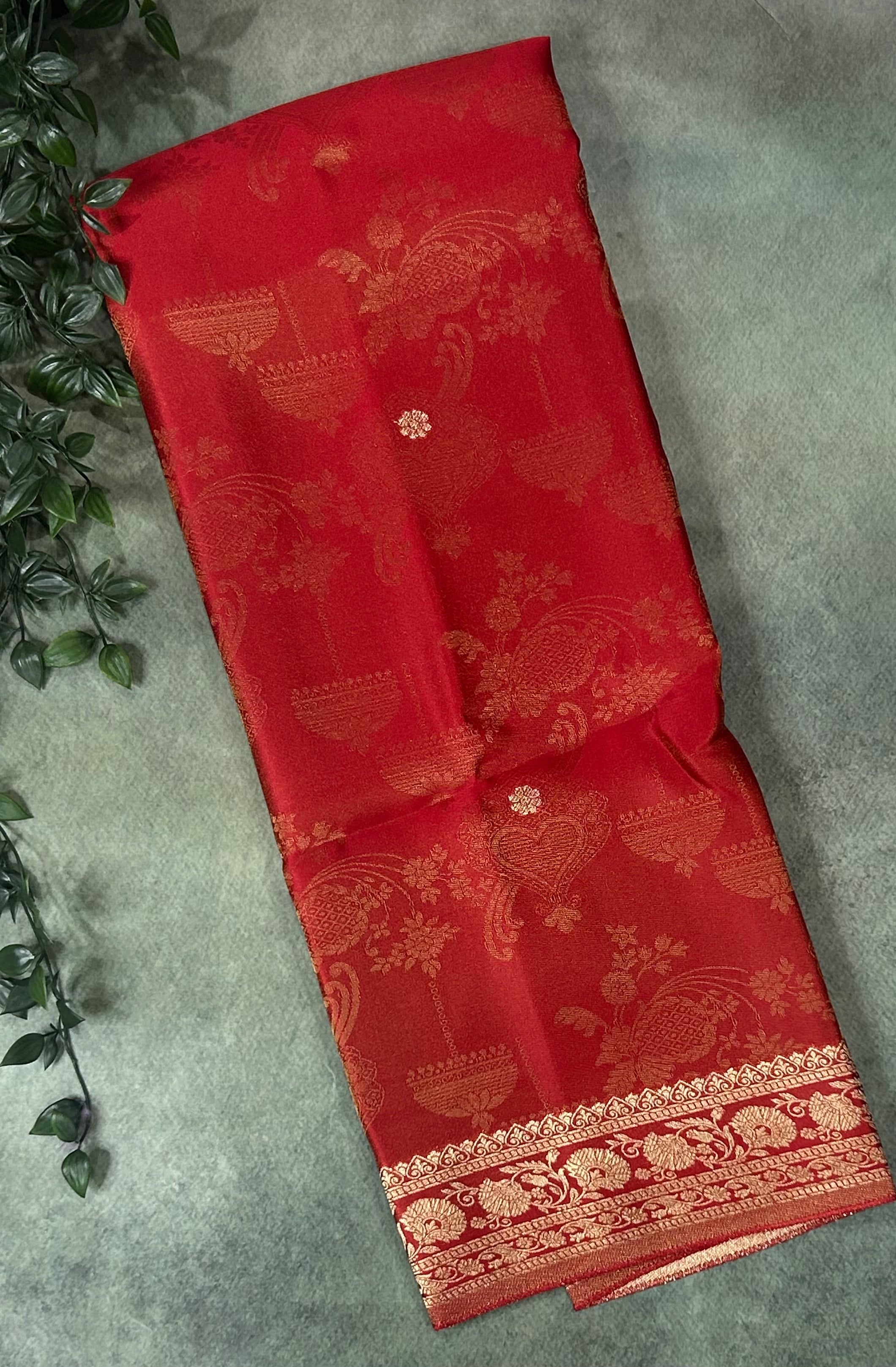 Red brocade semi tissue saree