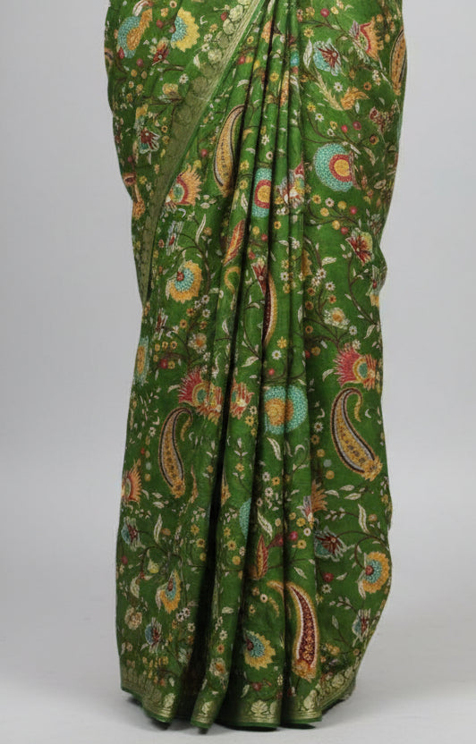 Green Digital Print Chinon-12 Saree – Lightweight Designer Saree for Festive & Party Wear