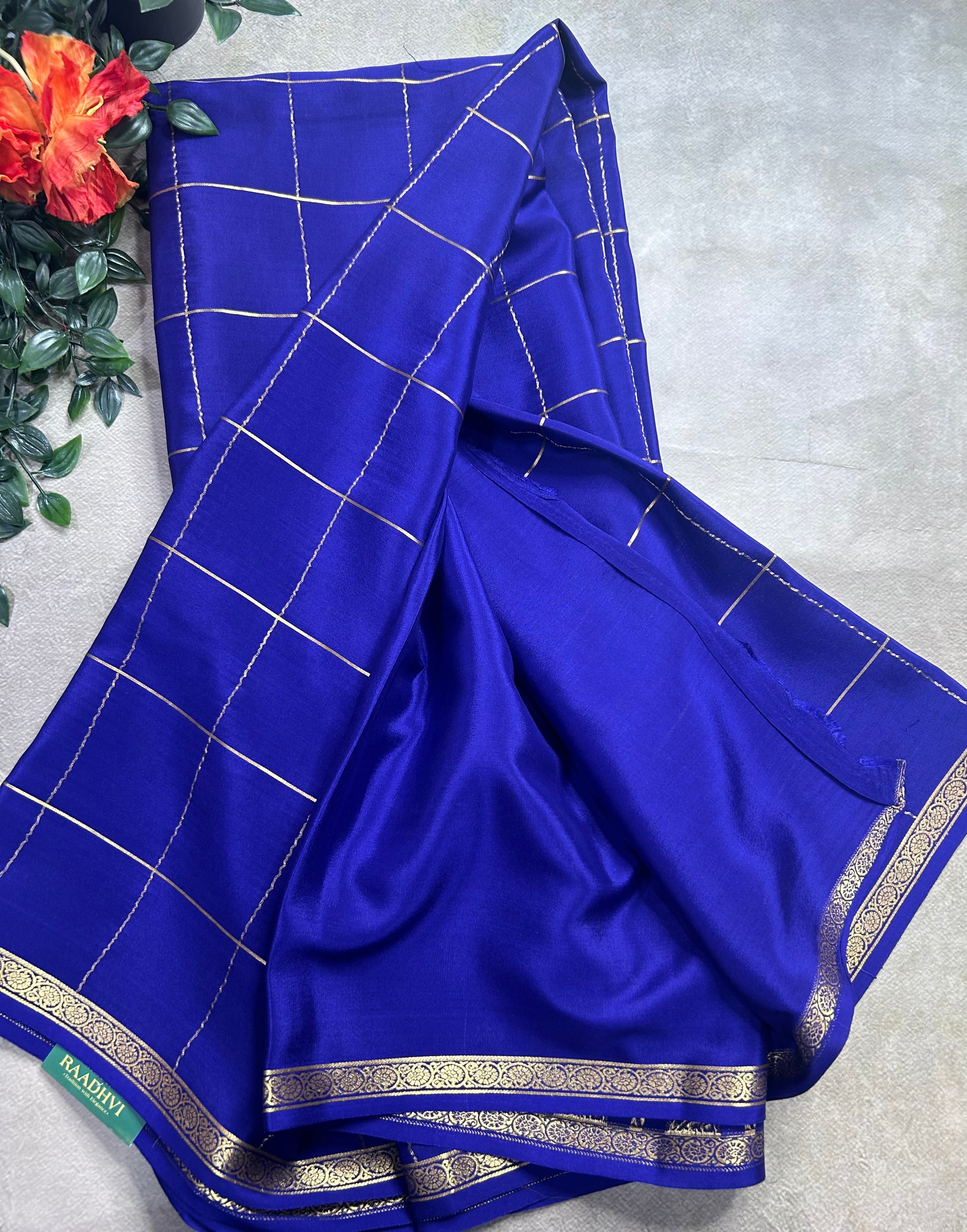 Navy blue big checks pure Mysore silk 106 saree