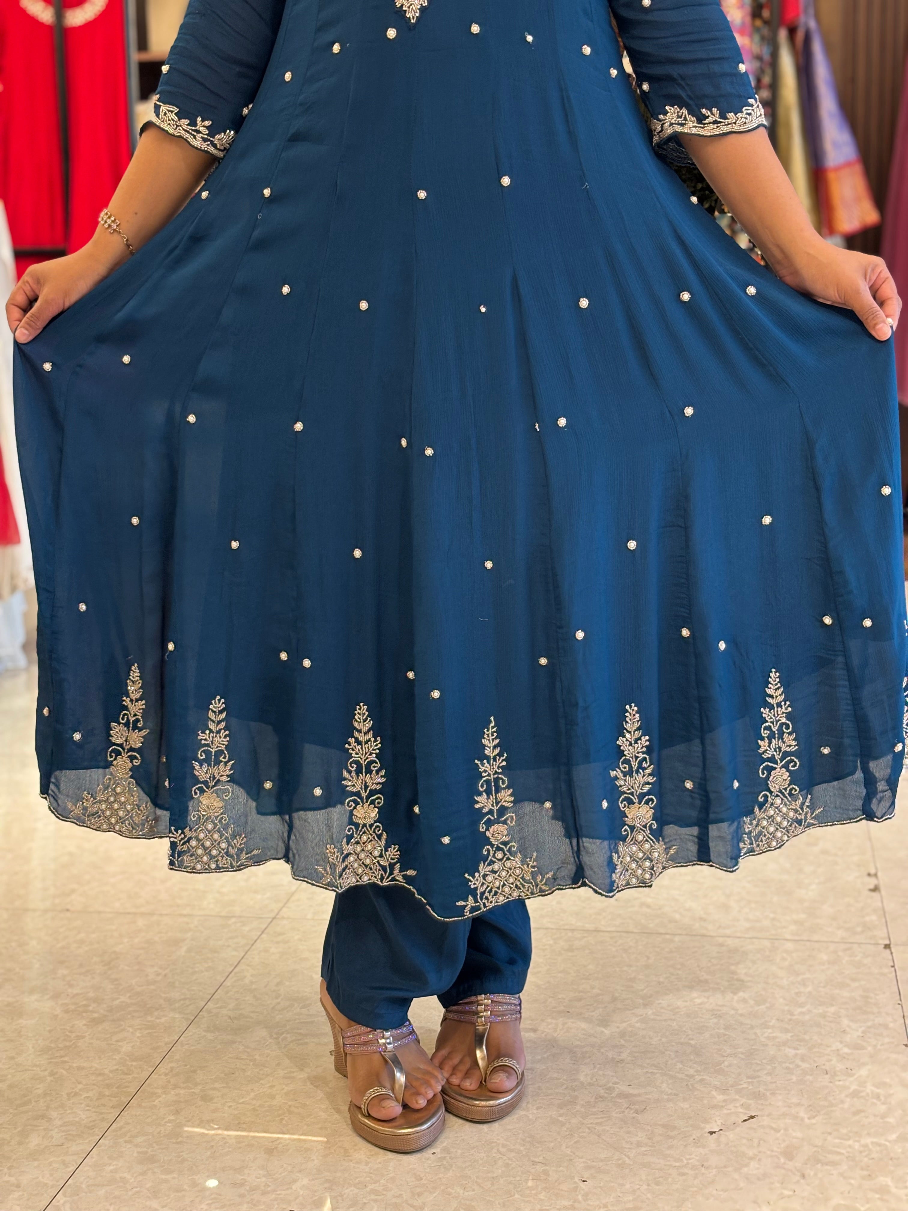 Peacock Blue Anarkali Chinnon Hand Embroidery Kurtha 567