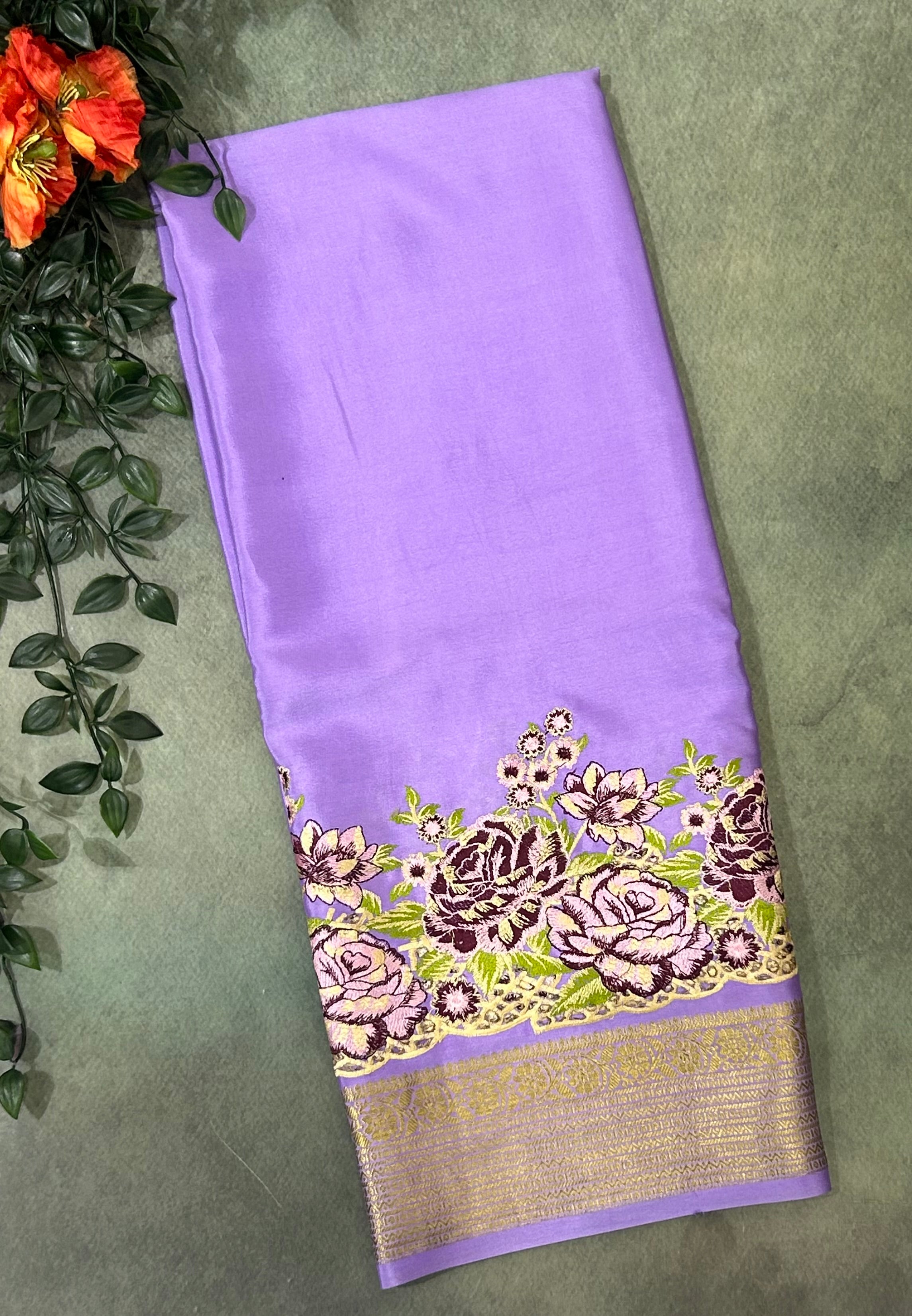 Lilac embroidery pure Mysore crepe silk saree