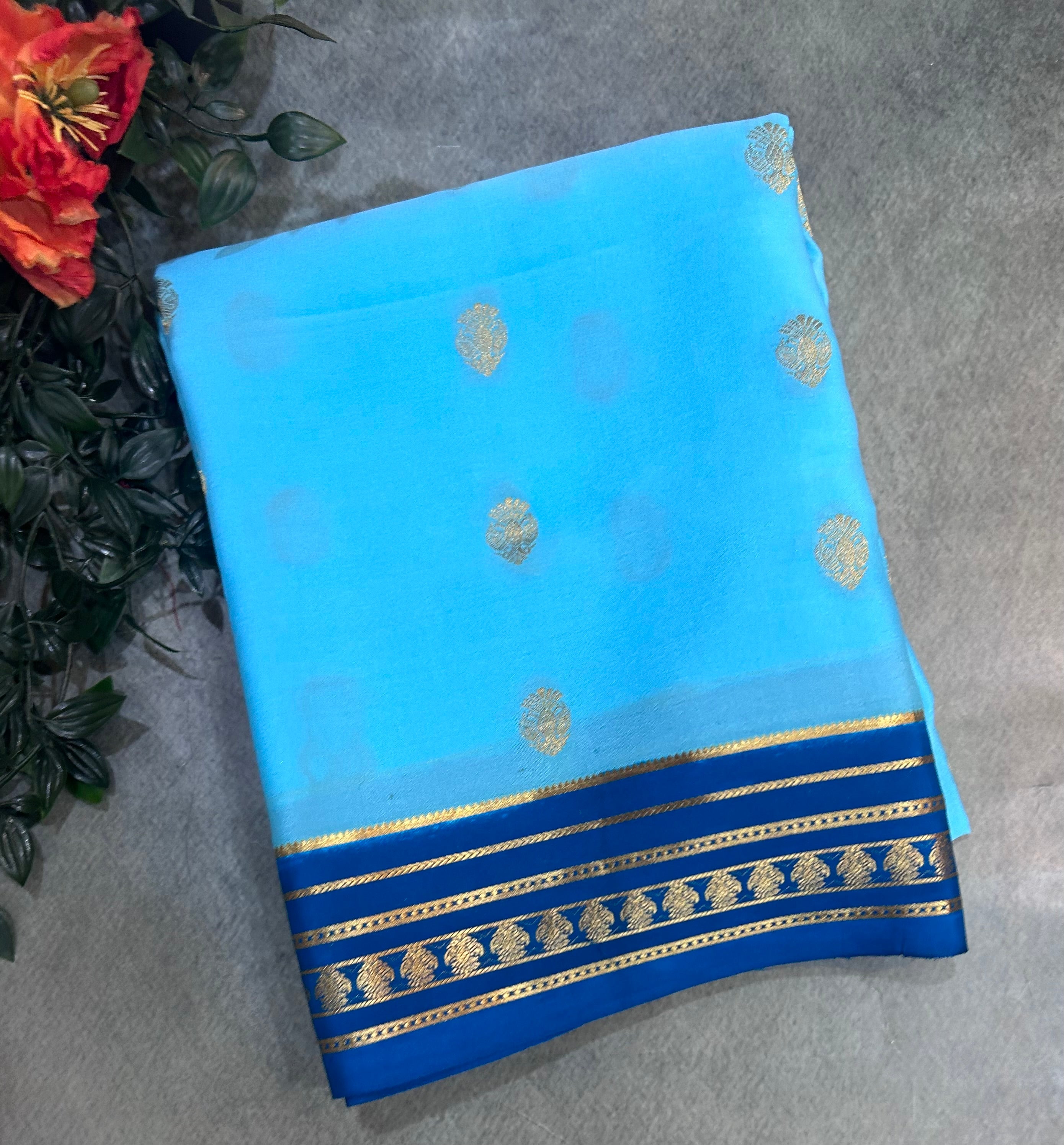 Sky blue stripes border pure Mysore silk 106 saree