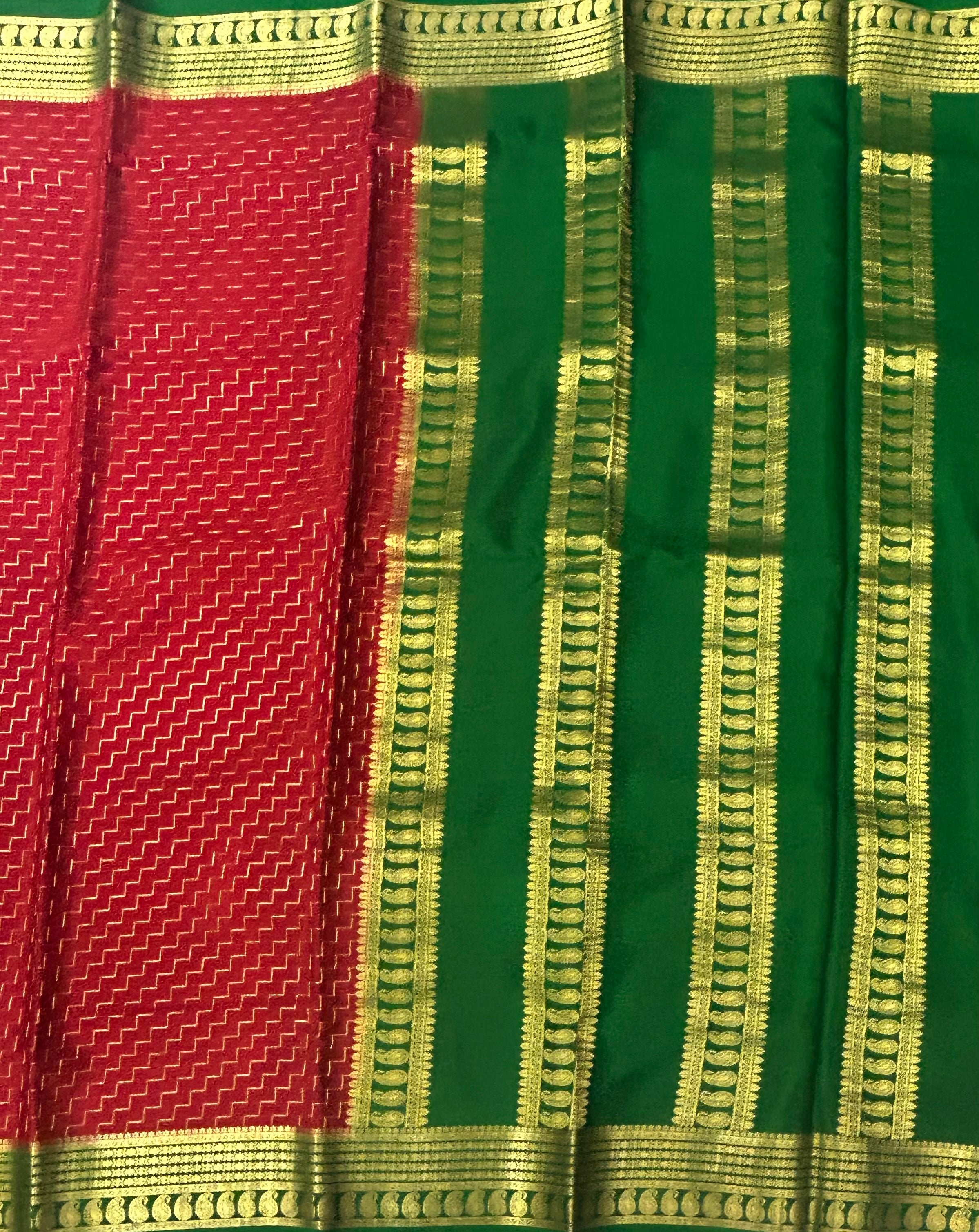 Red n green zig zag design pure Mysore crepe silk saree