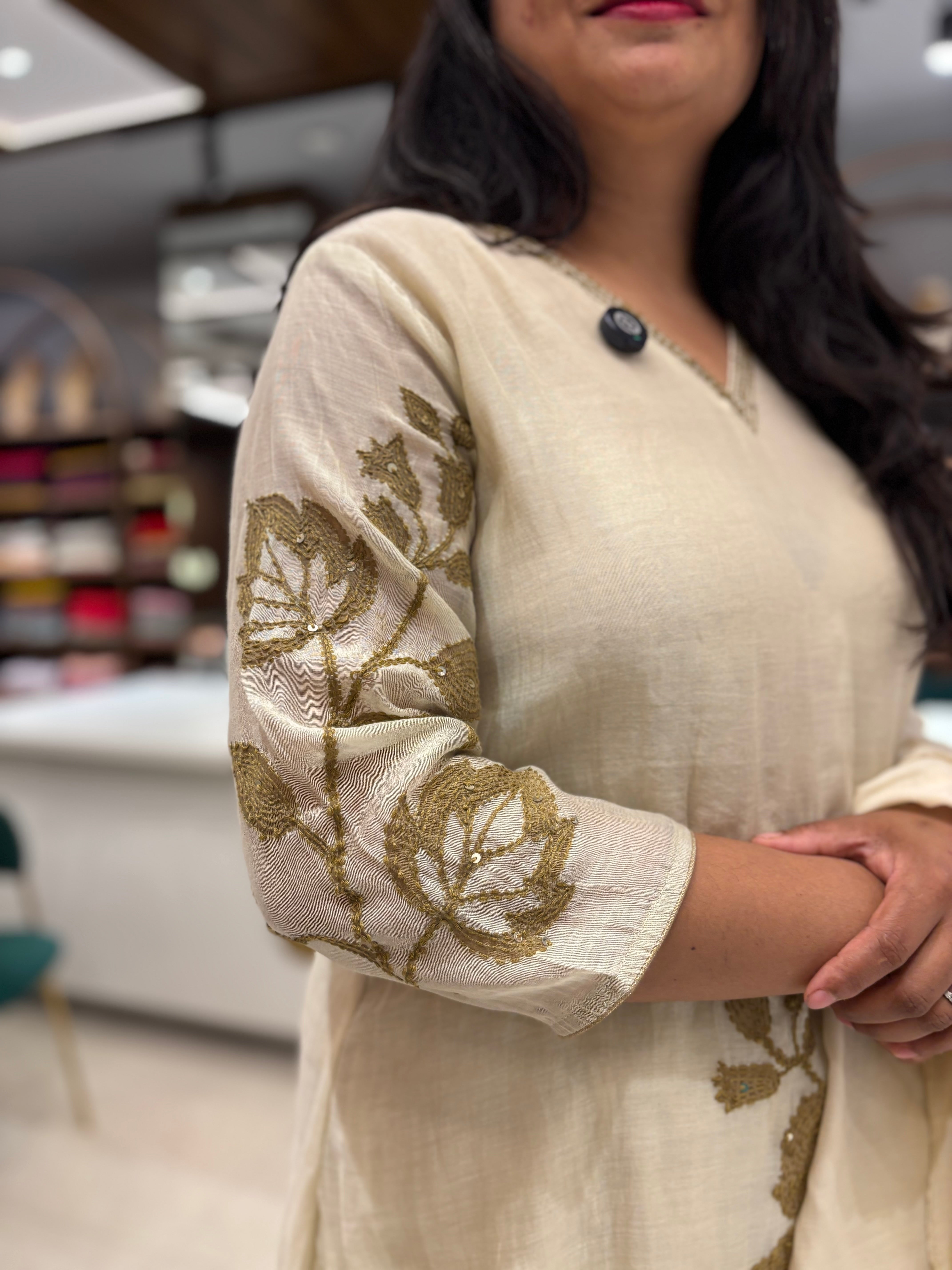 Cream Mul Chanderi Hand Embroidery A Line Kurtha 616