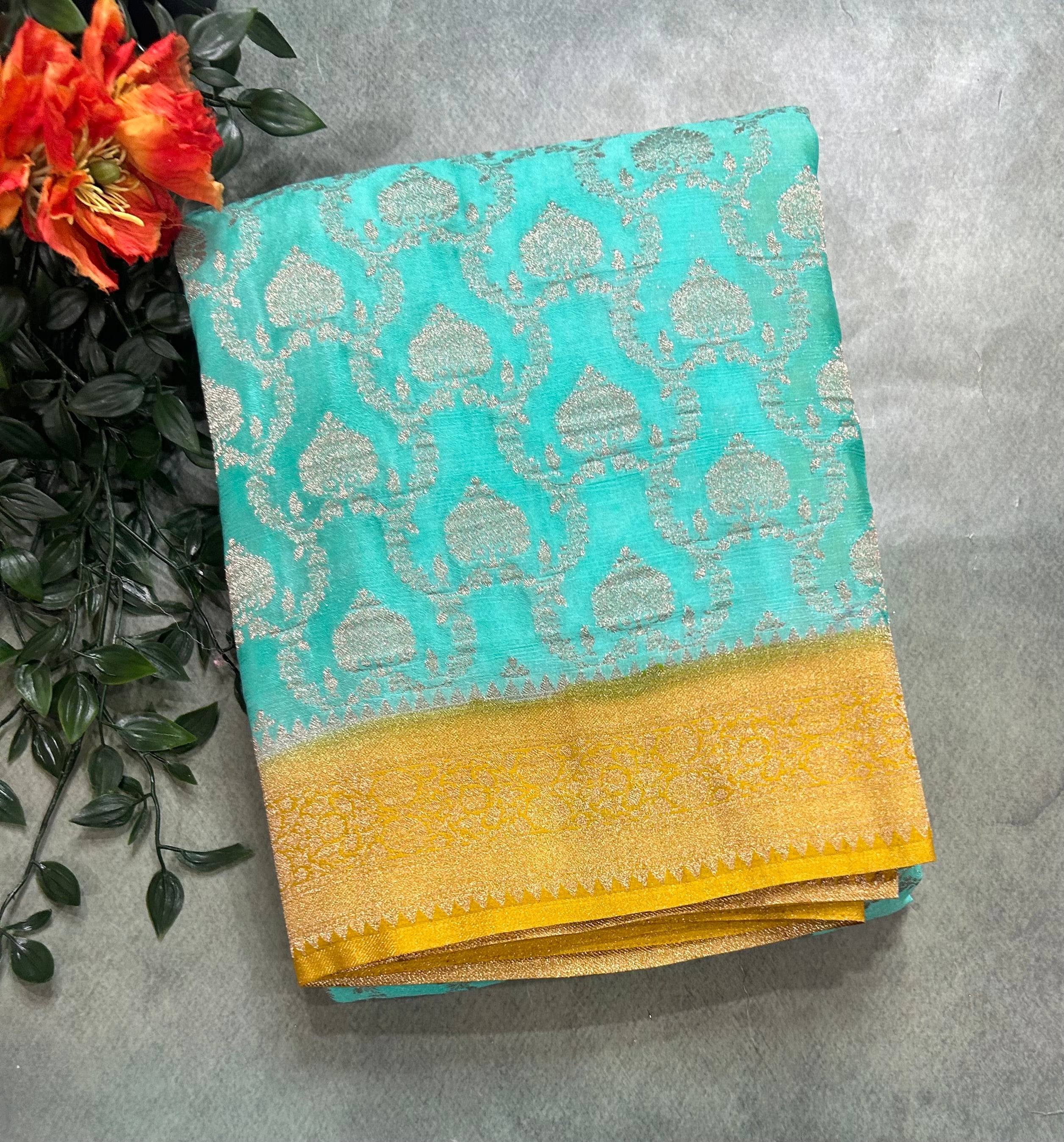 Distemper blue contrast Jaal brocade semi georgette 104 saree